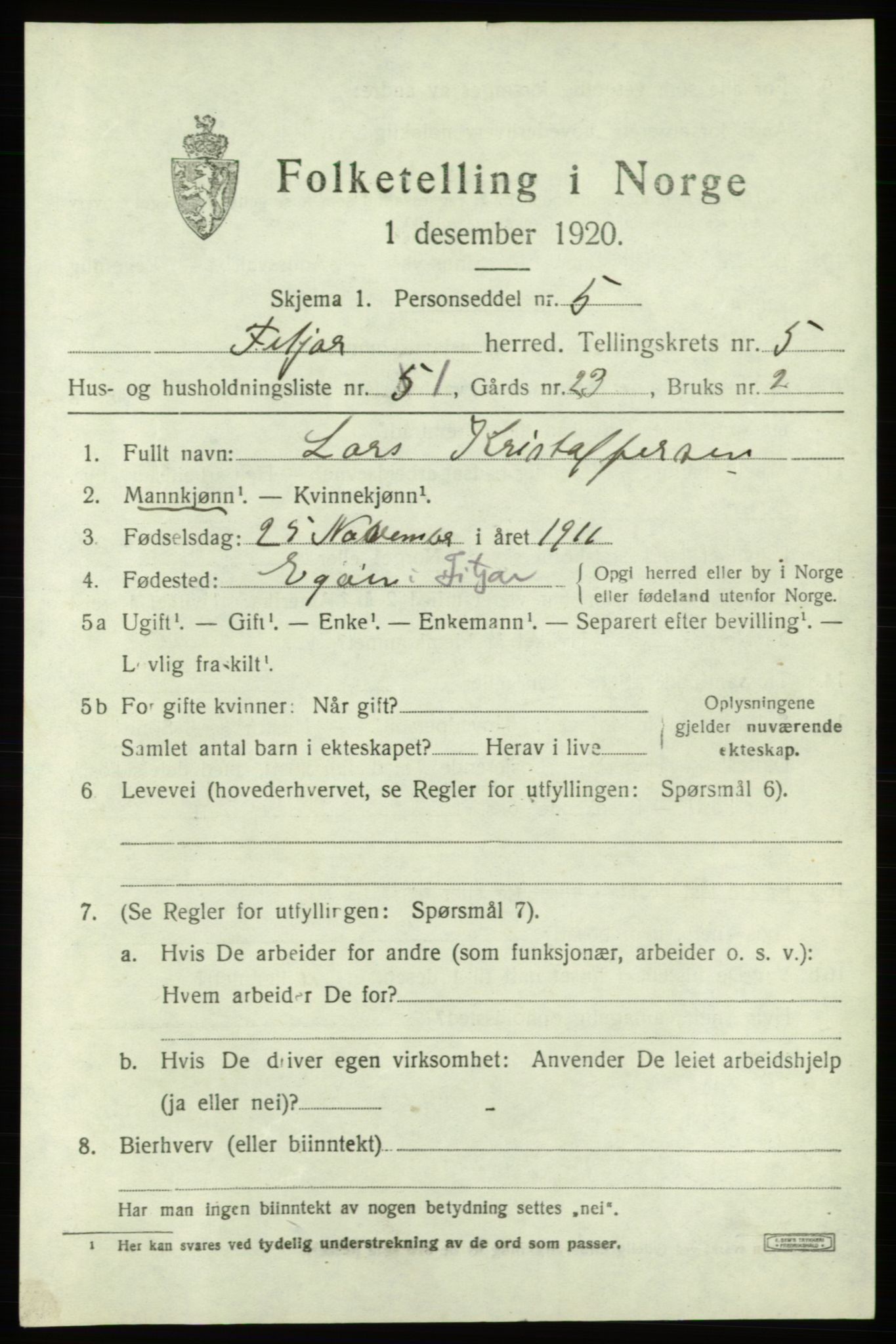 SAB, 1920 census for Fitjar, 1920, p. 2528