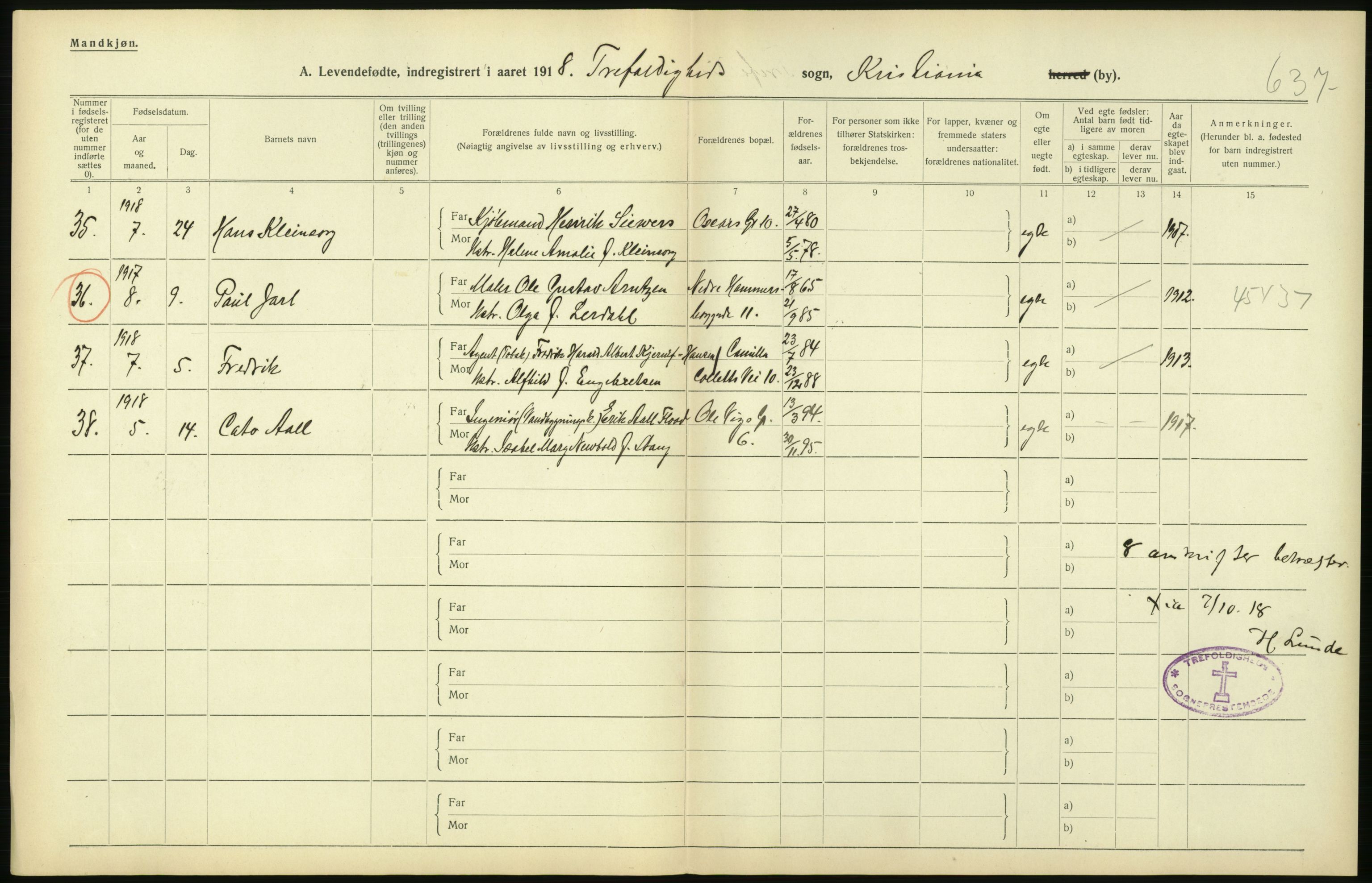 Statistisk sentralbyrå, Sosiodemografiske emner, Befolkning, AV/RA-S-2228/D/Df/Dfb/Dfbh/L0008: Kristiania: Levendefødte menn og kvinner., 1918, p. 270