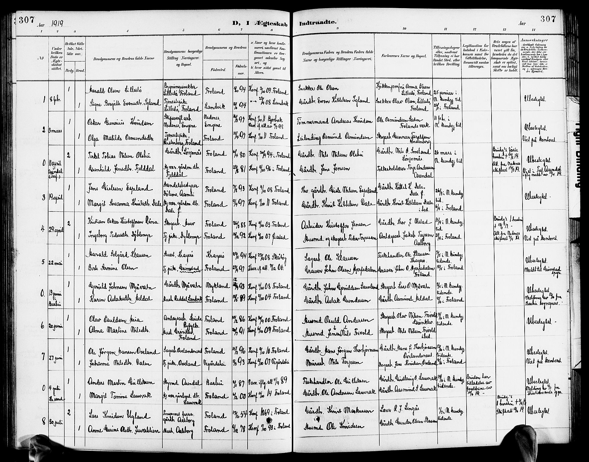 Froland sokneprestkontor, SAK/1111-0013/F/Fb/L0010: Parish register (copy) no. B 10, 1893-1920, p. 307