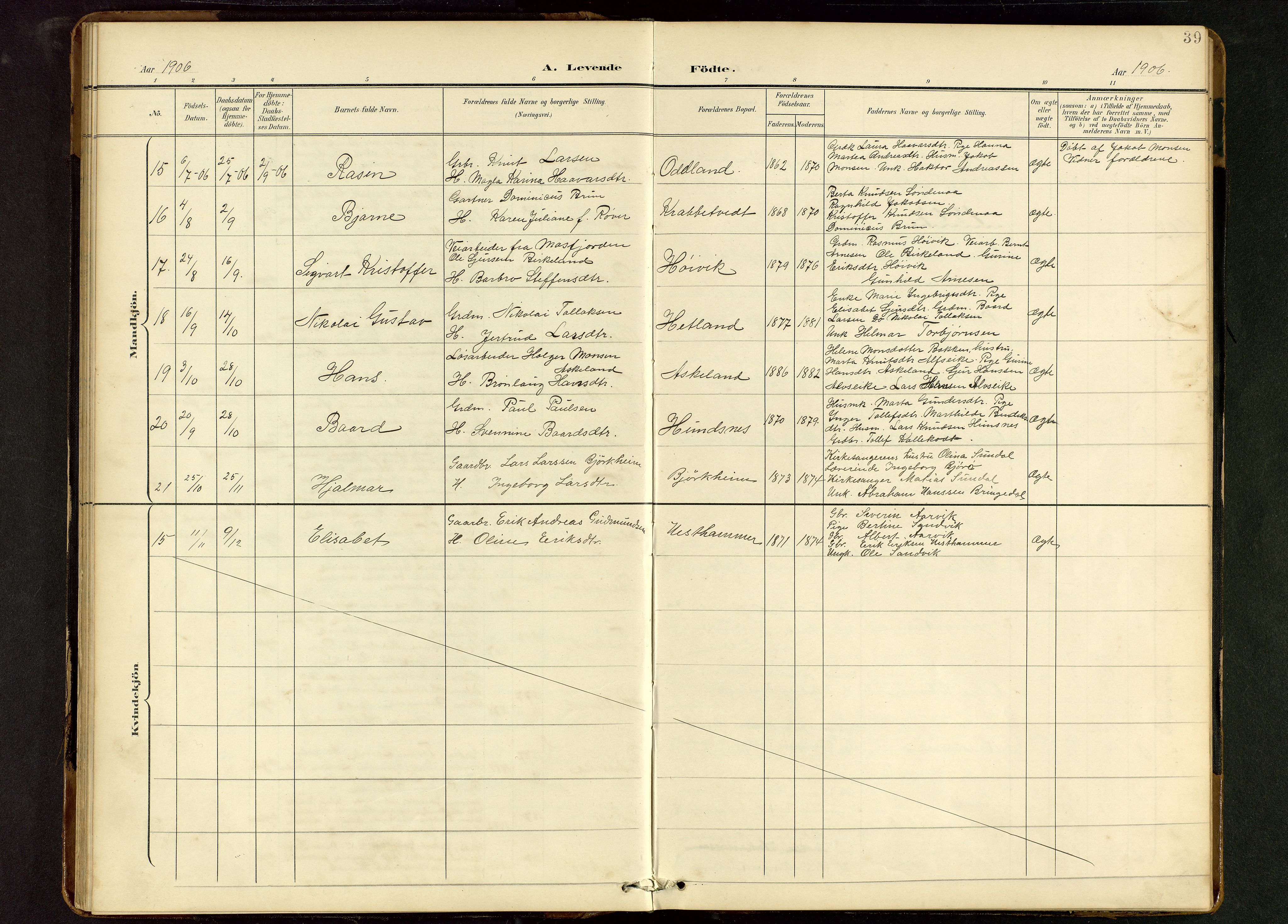 Tysvær sokneprestkontor, AV/SAST-A -101864/H/Ha/Hab/L0010: Parish register (copy) no. B 10, 1897-1912, p. 39