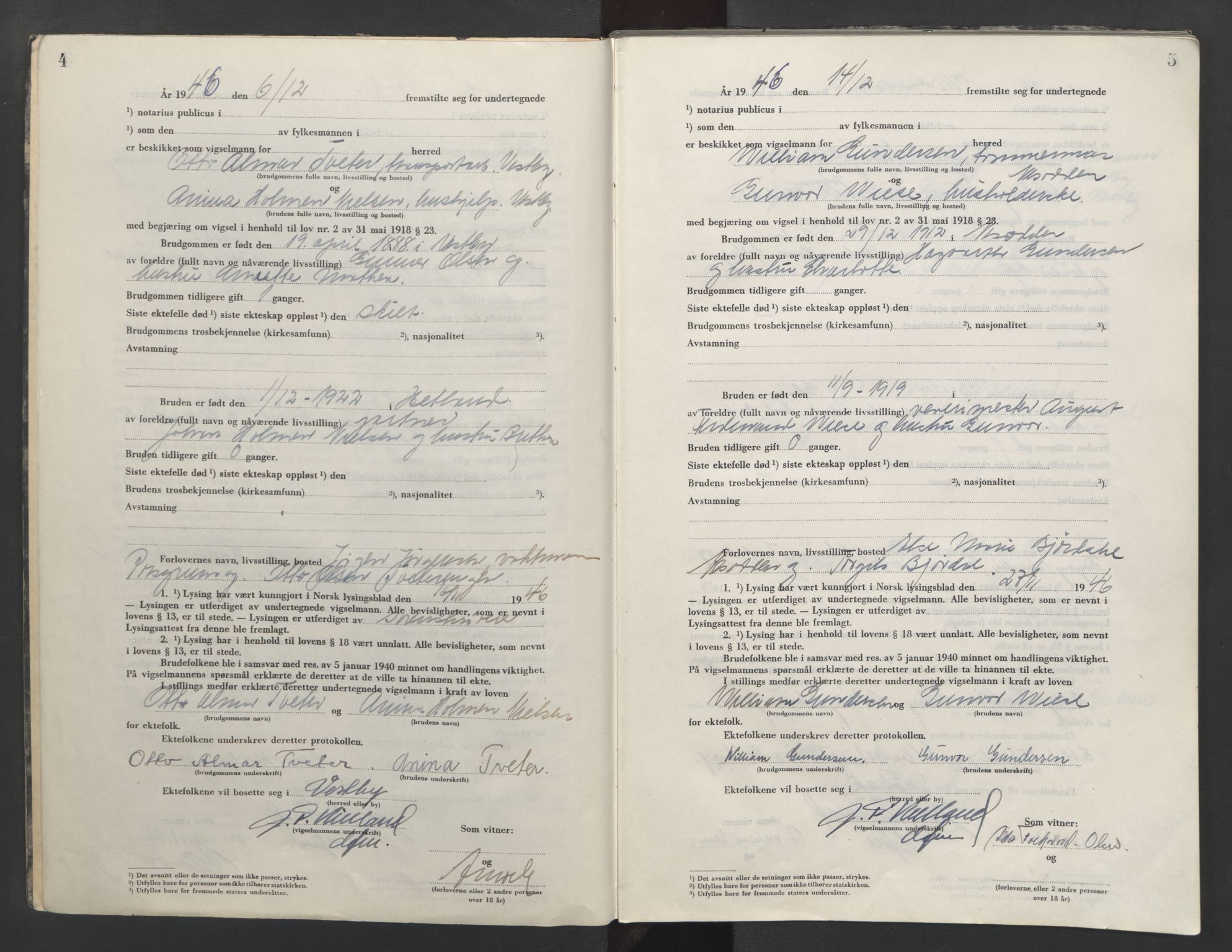 Follo sorenskriveri, AV/SAO-A-10274/L/La/Lab/L0003: Vigselsbok, 1946-1955, p. 4-5