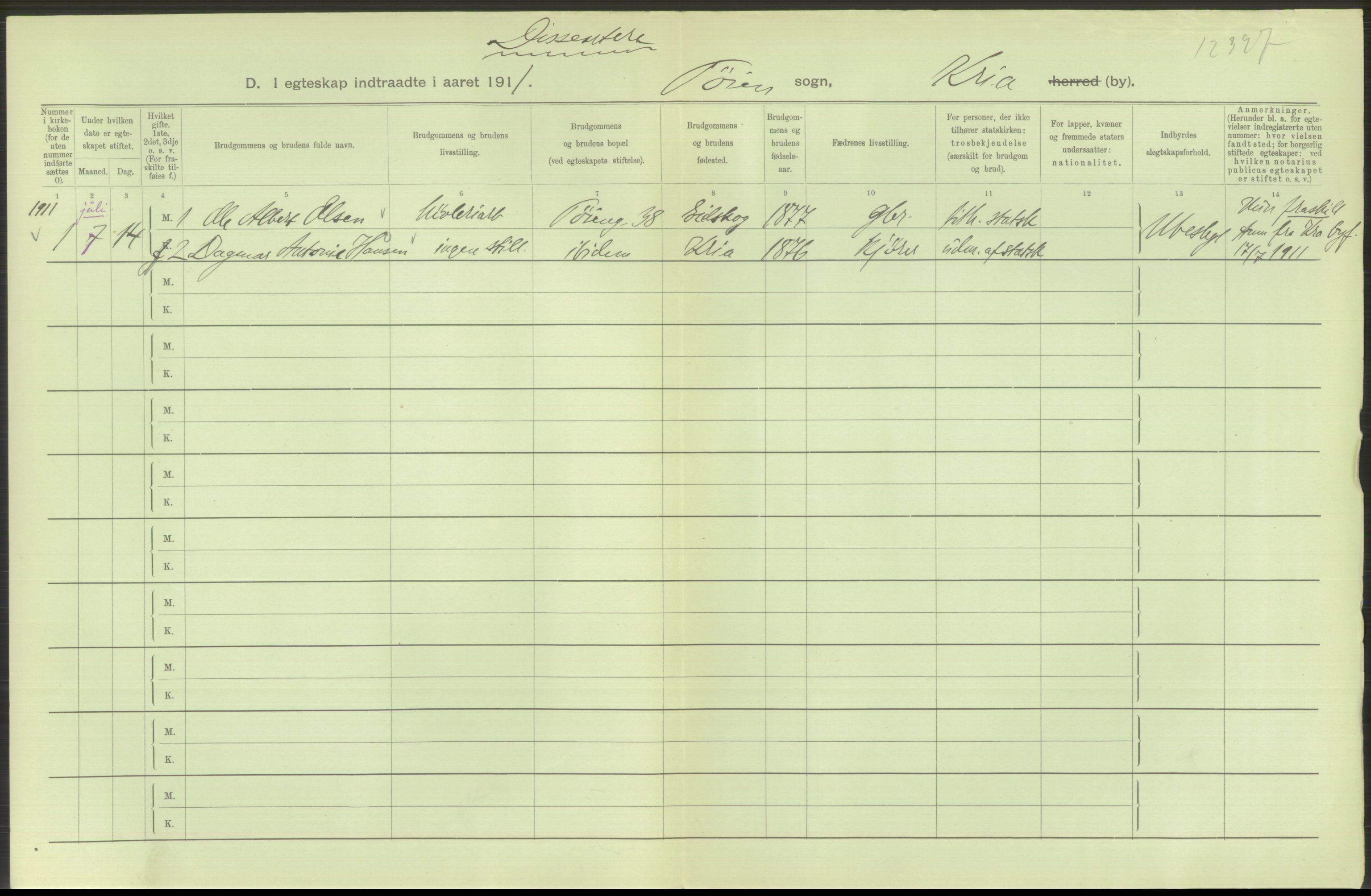 Statistisk sentralbyrå, Sosiodemografiske emner, Befolkning, AV/RA-S-2228/D/Df/Dfb/Dfba/L0008: Kristiania: Gifte, 1911, p. 162