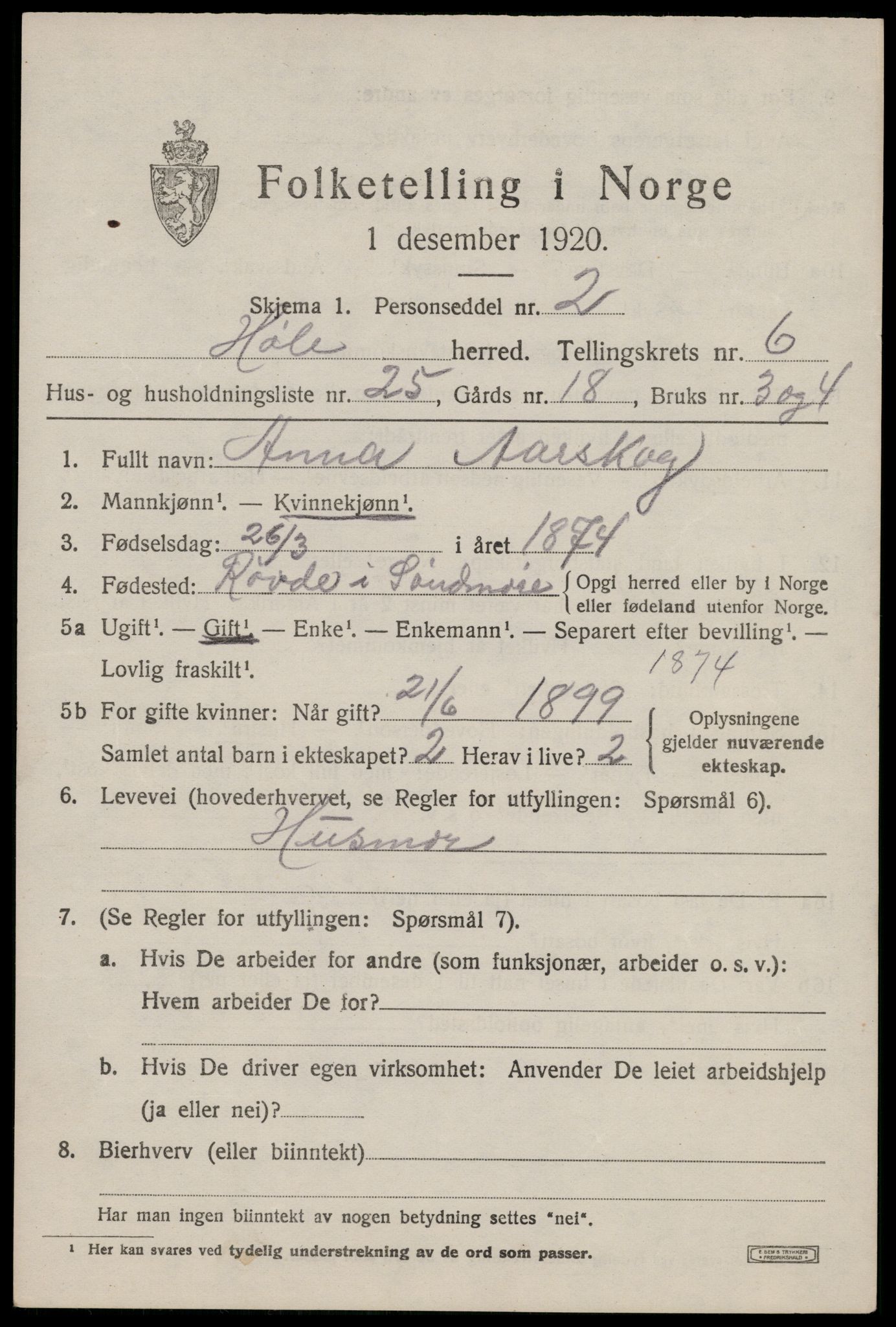 SAST, 1920 census for Høle, 1920, p. 2011