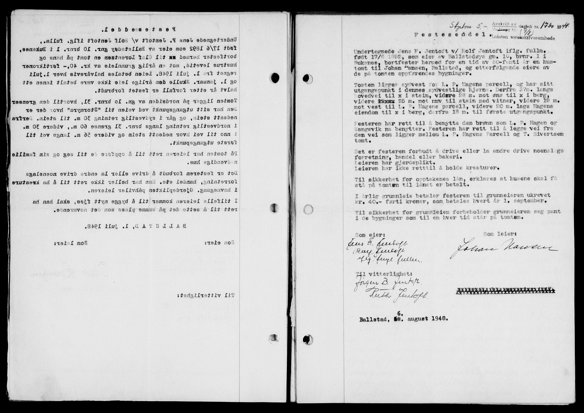 Lofoten sorenskriveri, SAT/A-0017/1/2/2C/L0019a: Mortgage book no. 19a, 1948-1948, Diary no: : 1730/1948