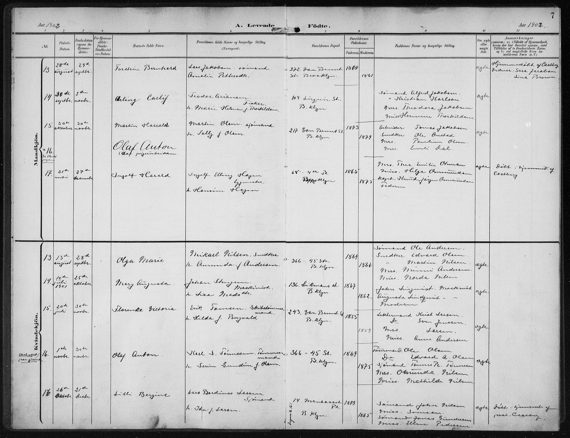Den norske sjømannsmisjon i utlandet/New York, SAB/SAB/PA-0110/H/Ha/L0005: Parish register (official) no. A 5, 1902-1908, p. 7