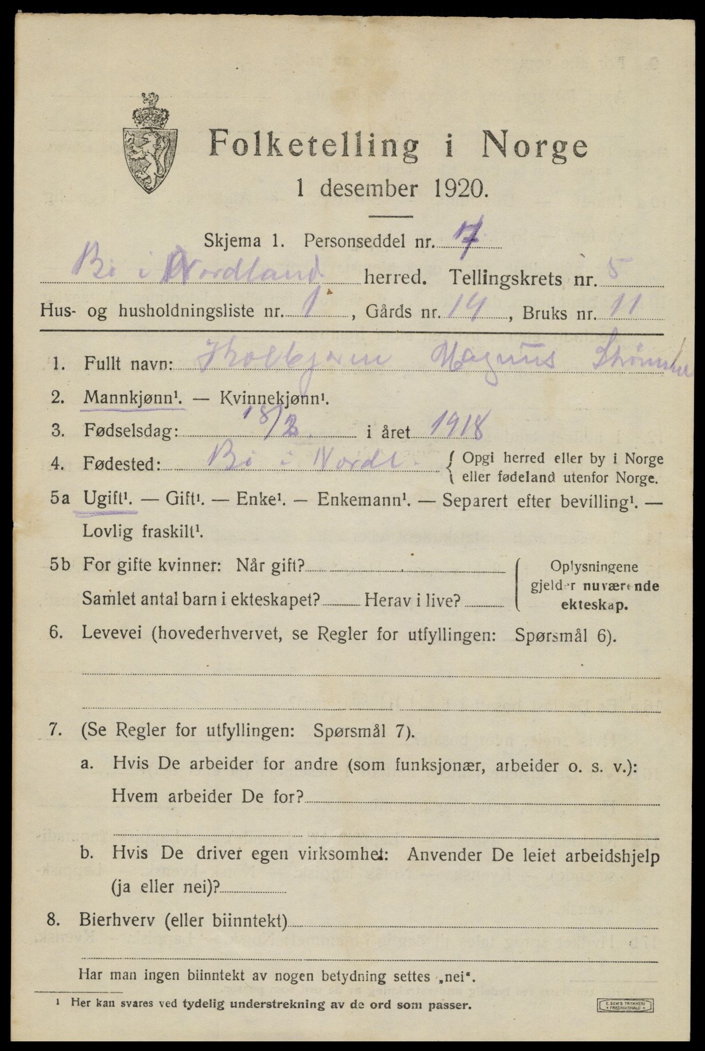 SAT, 1920 census for Bø, 1920, p. 4336