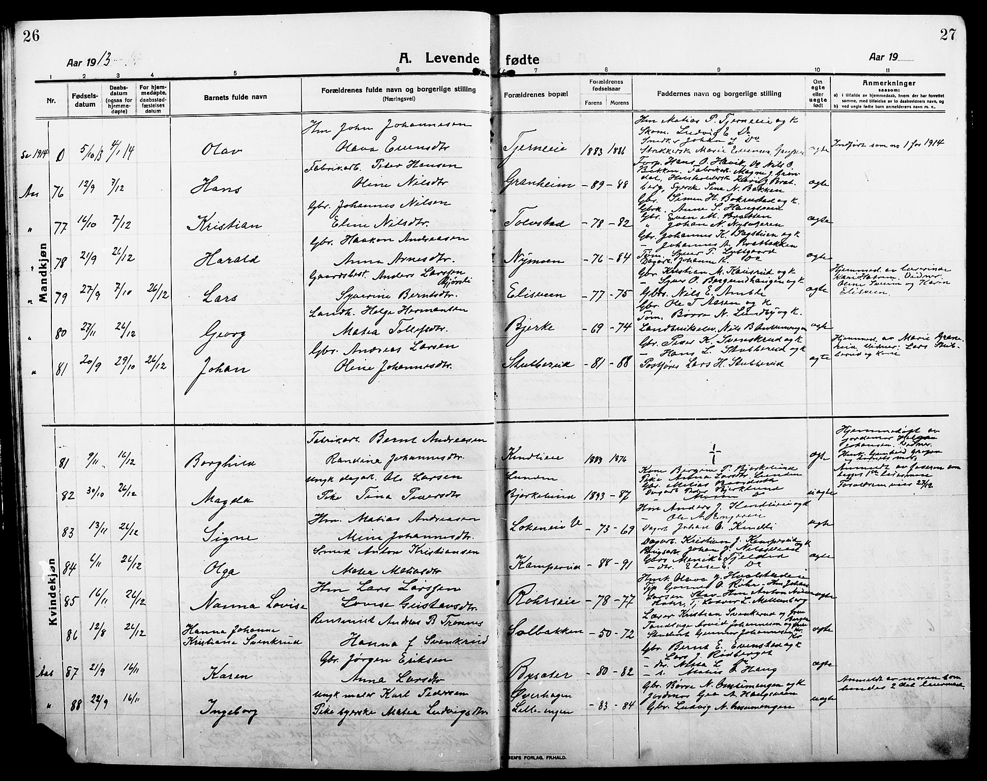 Ringsaker prestekontor, SAH/PREST-014/L/La/L0018: Parish register (copy) no. 18, 1913-1922, p. 26-27