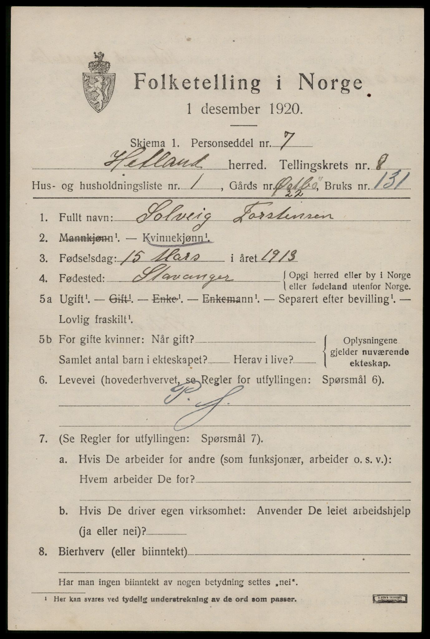 SAST, 1920 census for Hetland, 1920, p. 15455