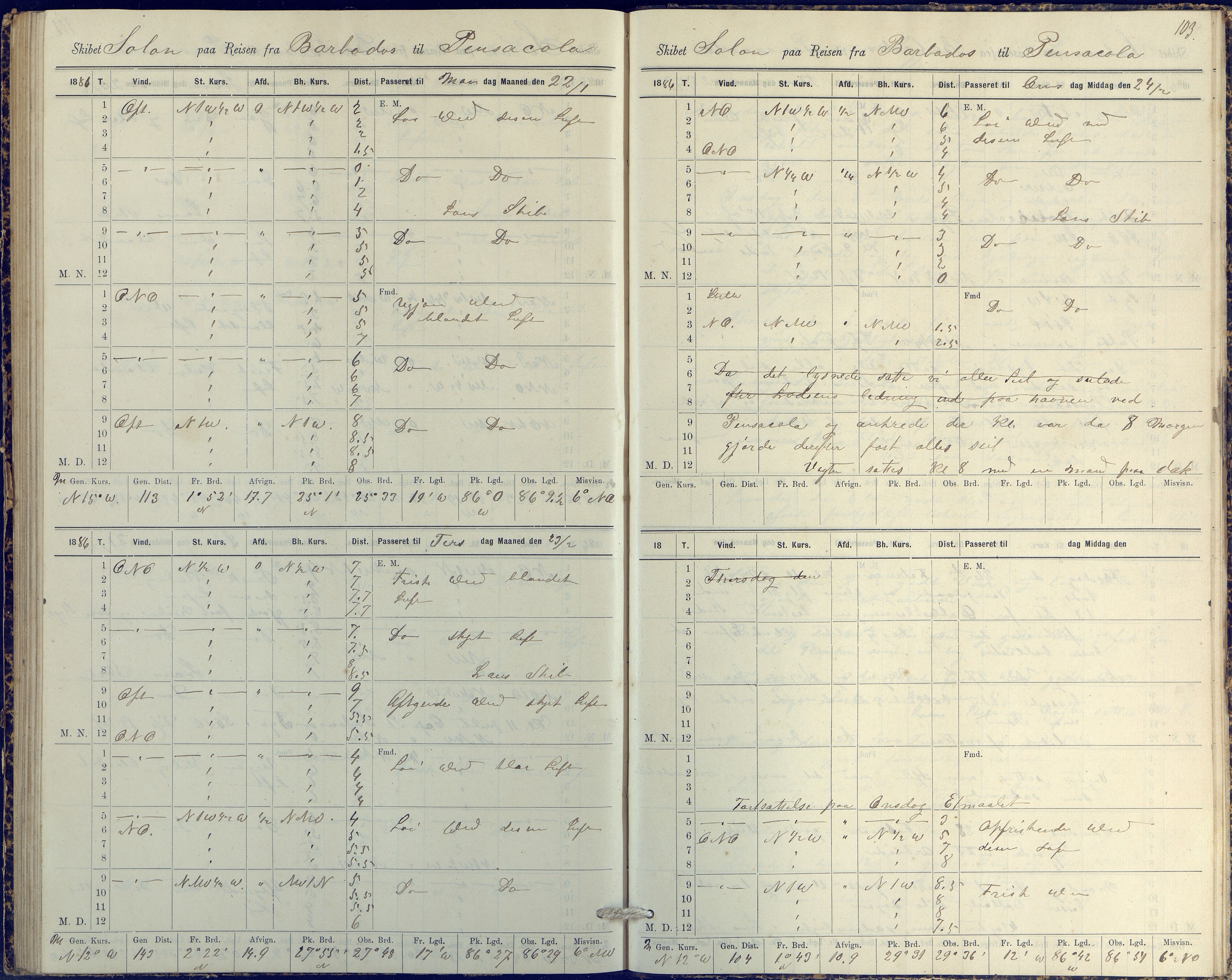 Fartøysarkivet, AAKS/PA-1934/F/L0331/0003: Solon (fregatt) / Solon (fregatt) skipsjournal 1884-1885, 1884-1885, p. 103