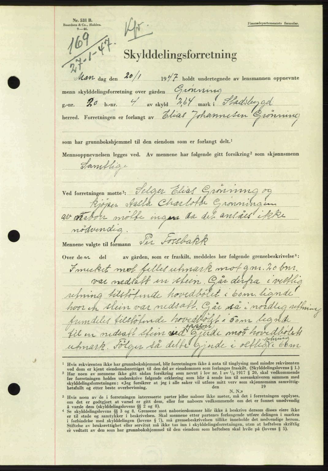 Fosen sorenskriveri, AV/SAT-A-1107/1/2/2C: Mortgage book no. A4-6, 1946-1947, Diary no: : 169/1947