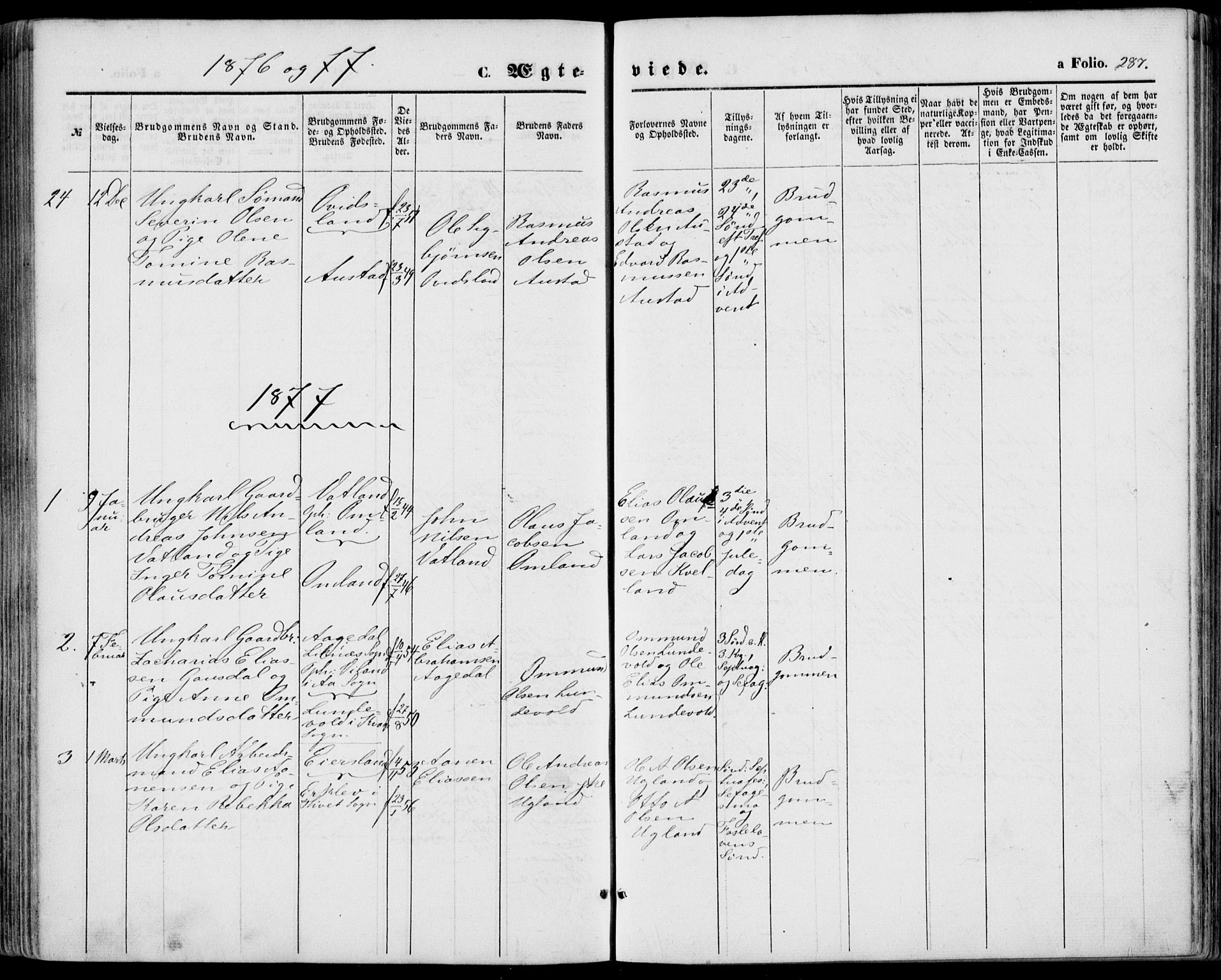Lyngdal sokneprestkontor, SAK/1111-0029/F/Fa/Fac/L0010: Parish register (official) no. A 10, 1865-1878, p. 287
