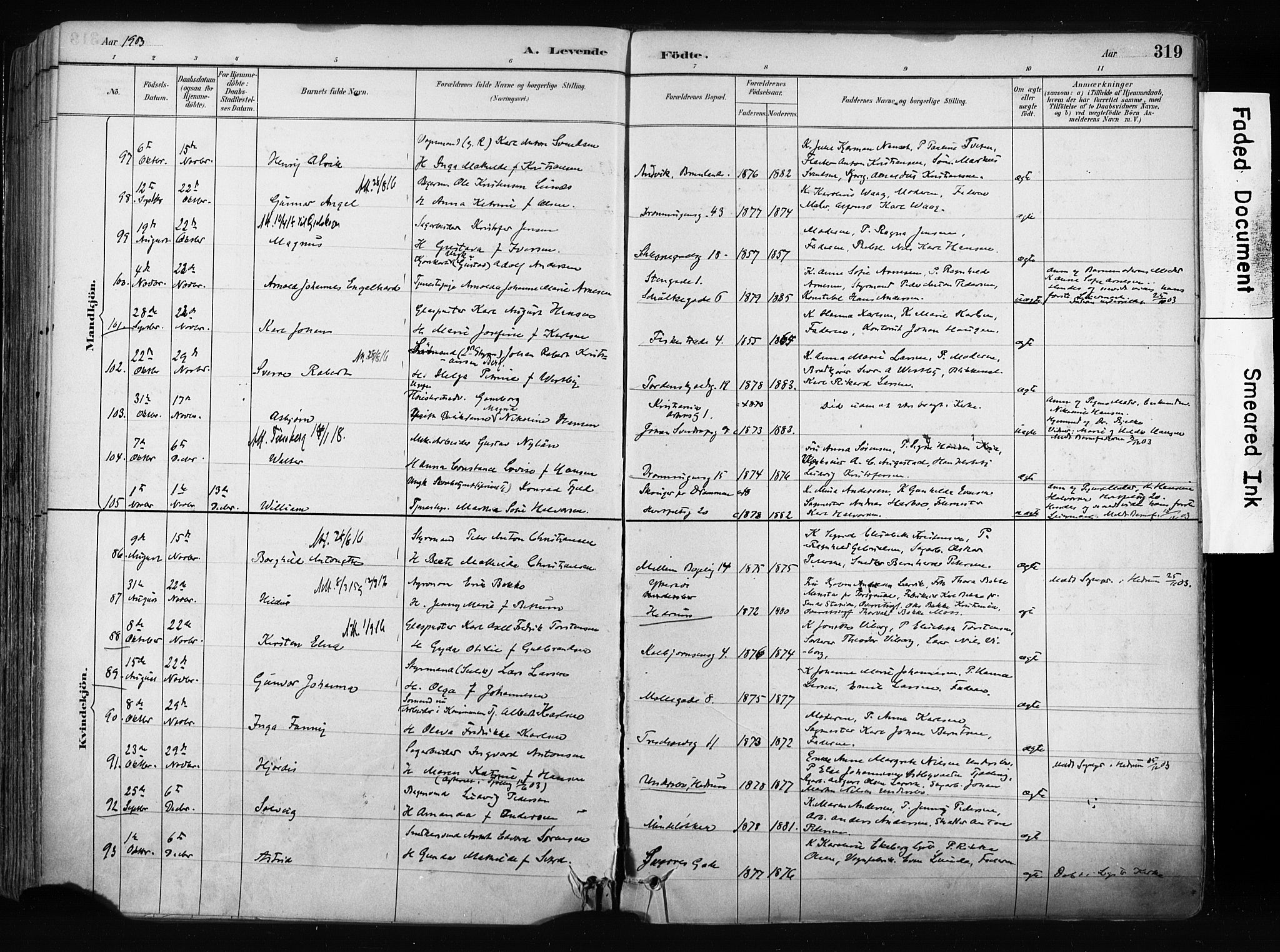 Larvik kirkebøker, AV/SAKO-A-352/F/Fa/L0009: Parish register (official) no. I 9, 1884-1904, p. 319