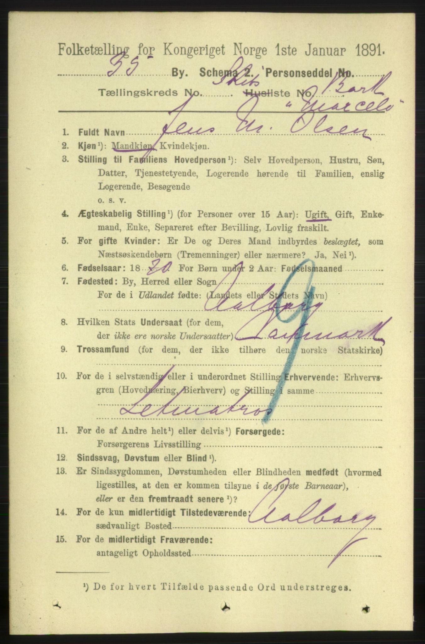 RA, 1891 census for 0905 Lillesand, 1891, p. 1624