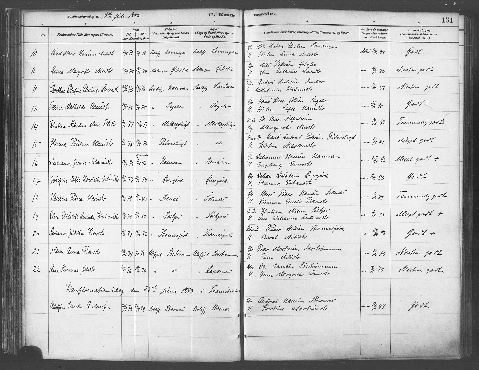 Balsfjord sokneprestembete, SATØ/S-1303/G/Ga/L0005kirke: Parish register (official) no. 5, 1884-1897, p. 131