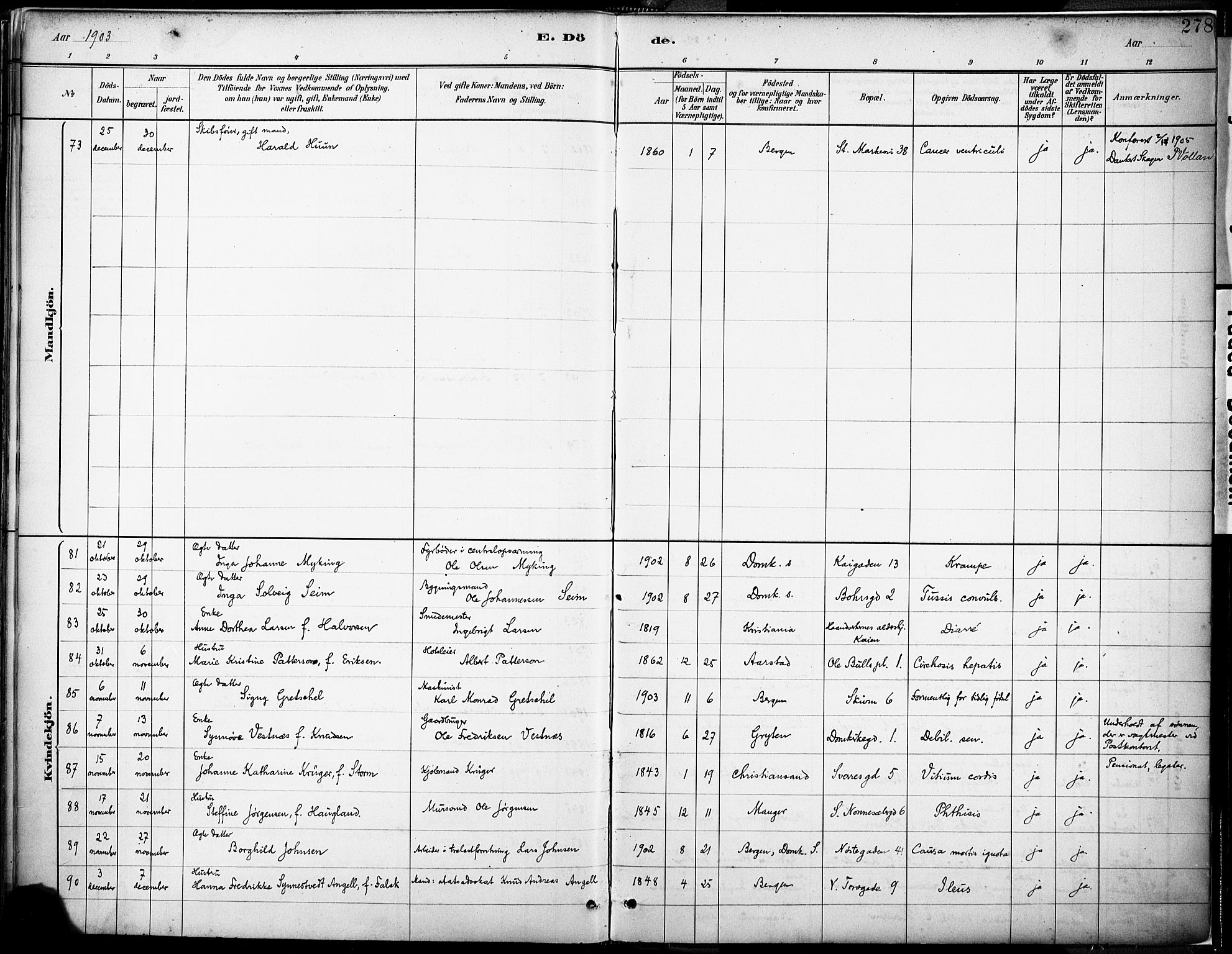 Domkirken sokneprestembete, AV/SAB-A-74801/H/Haa/L0043: Parish register (official) no. E 5, 1882-1904, p. 278