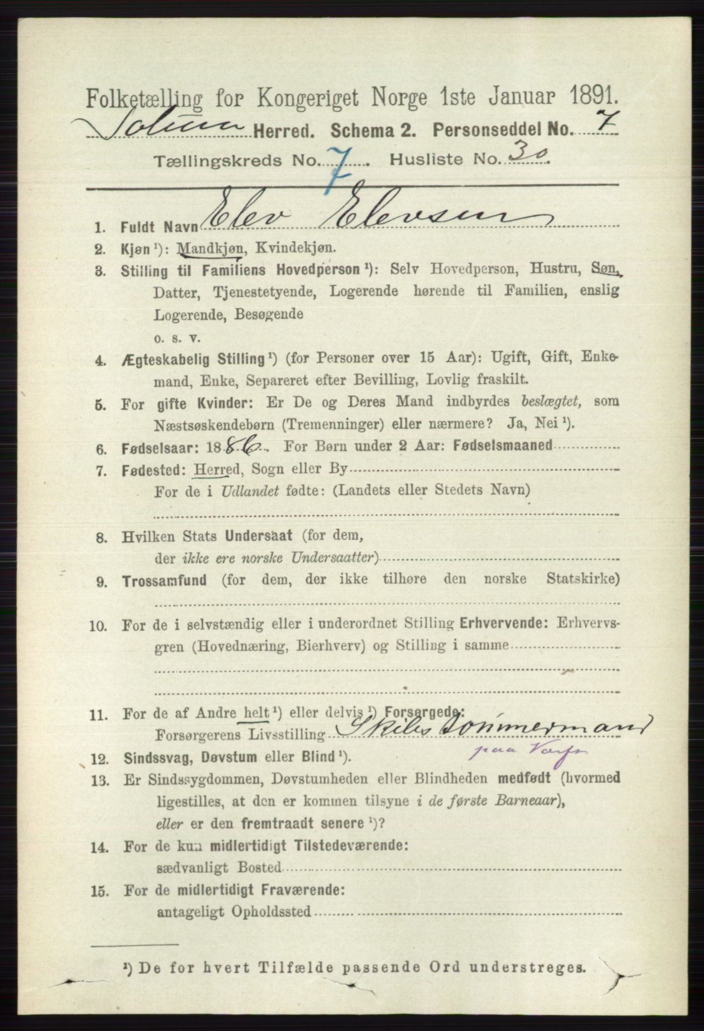 RA, 1891 census for 0818 Solum, 1891, p. 2866