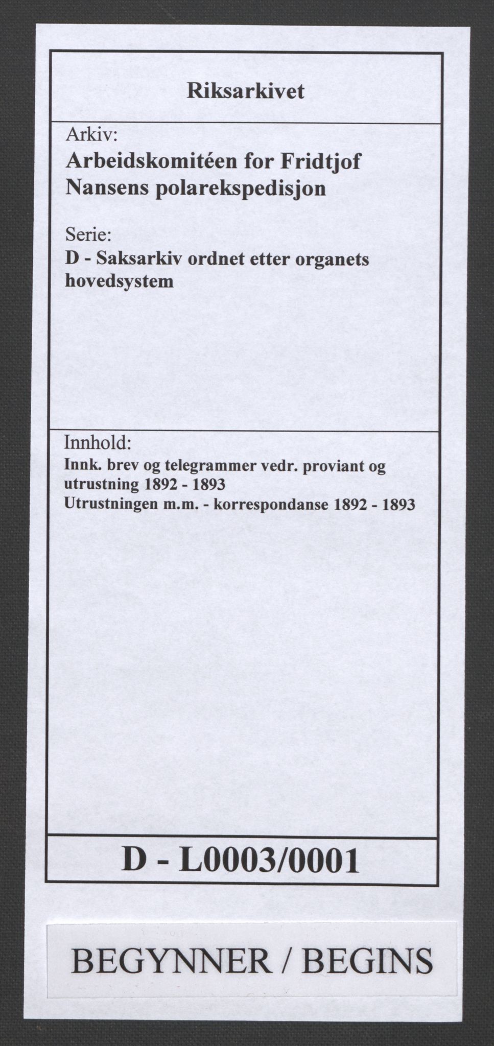 Arbeidskomitéen for Fridtjof Nansens polarekspedisjon, RA/PA-0061/D/L0003/0001: Innk. brev og telegrammer vedr. proviant og utrustning / Utrustningen m.m. - korrespondanse, 1892-1893, p. 1