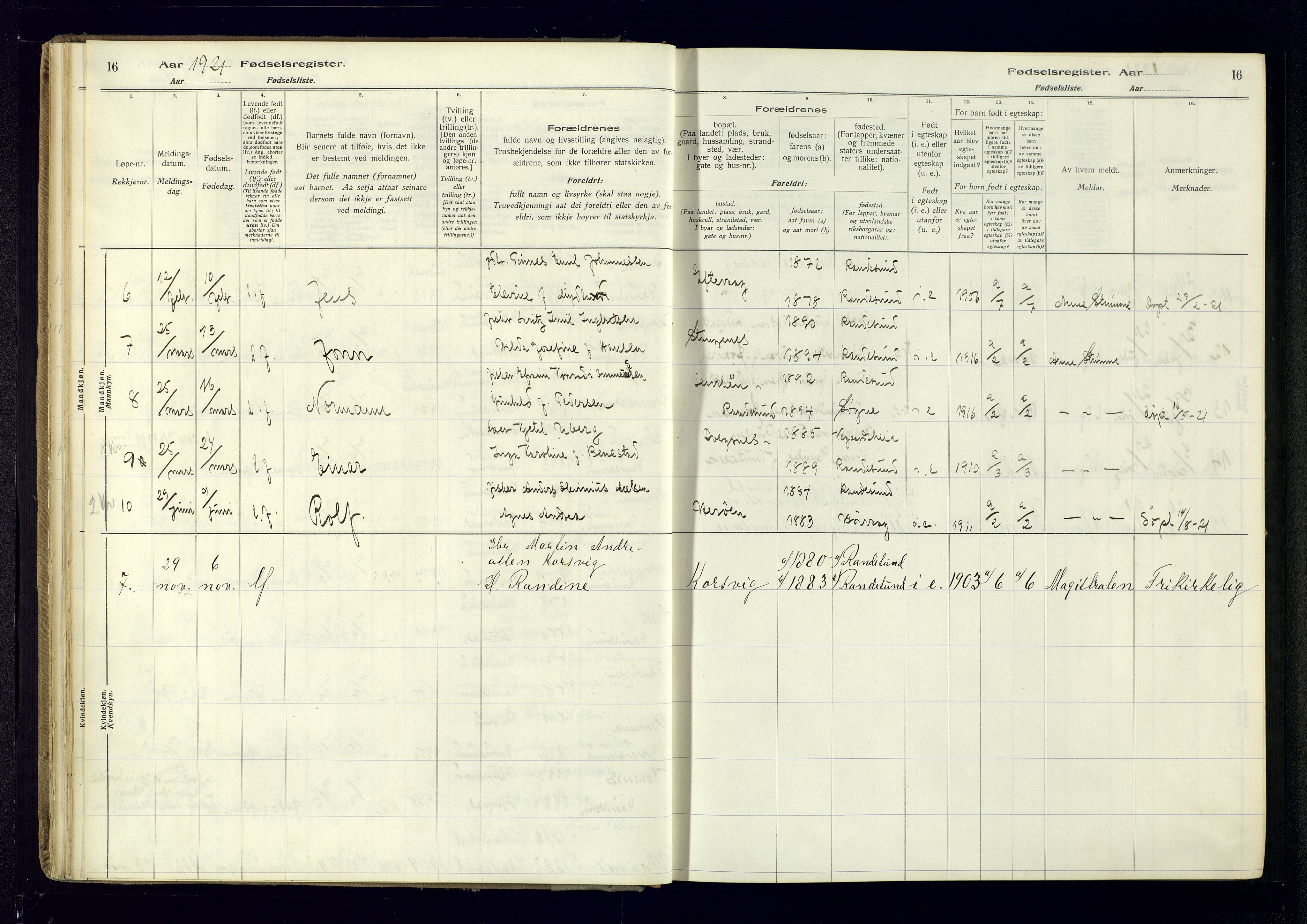 Oddernes sokneprestkontor, AV/SAK-1111-0033/J/Ja/L0007: Birth register no. 7, 1916-1971, p. 16