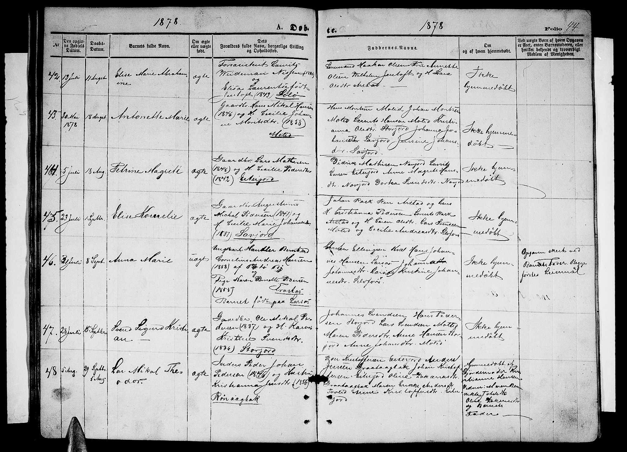 Ministerialprotokoller, klokkerbøker og fødselsregistre - Nordland, AV/SAT-A-1459/846/L0653: Parish register (copy) no. 846C03, 1872-1887, p. 44