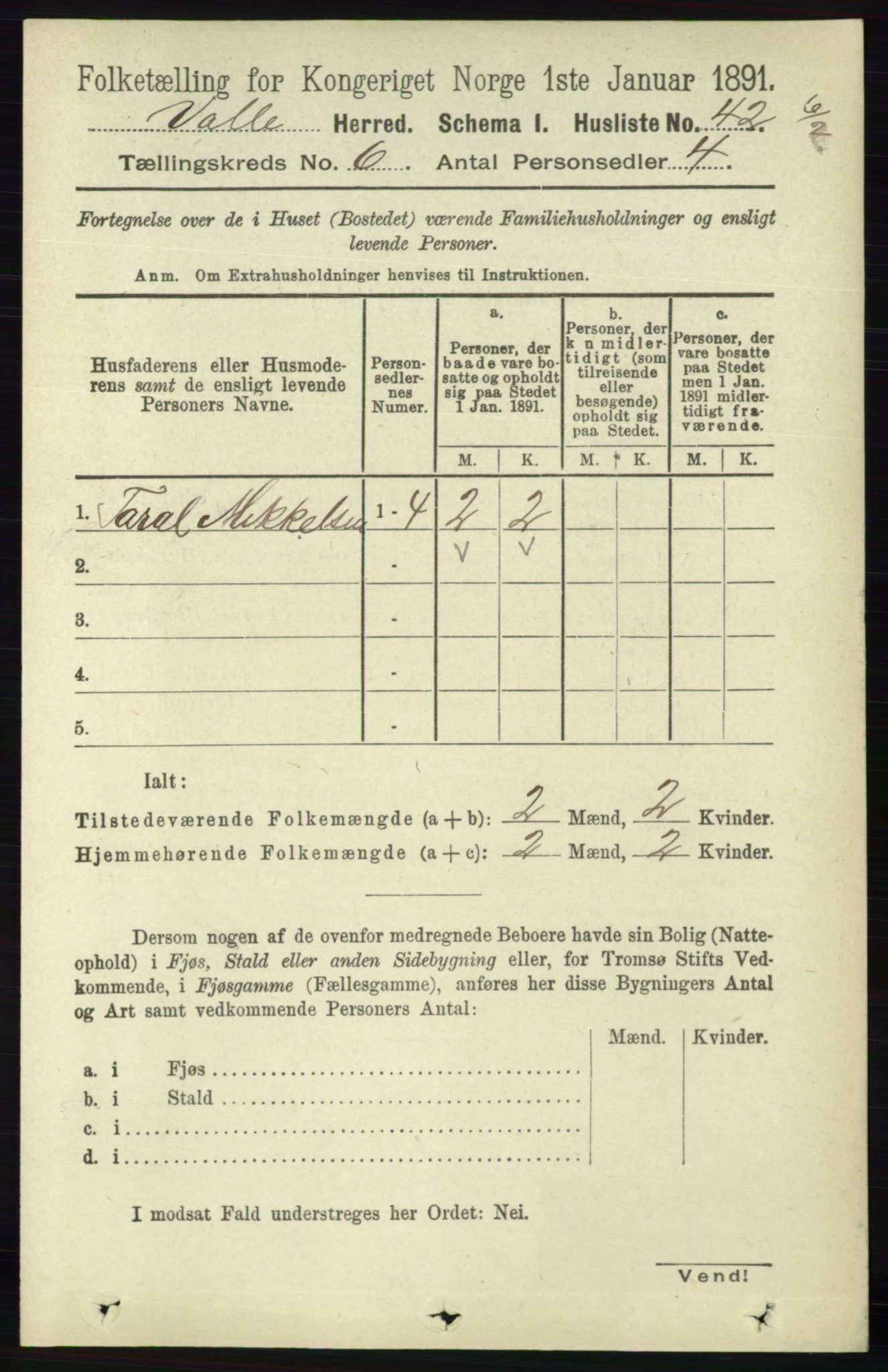 RA, 1891 census for 0940 Valle, 1891, p. 1677