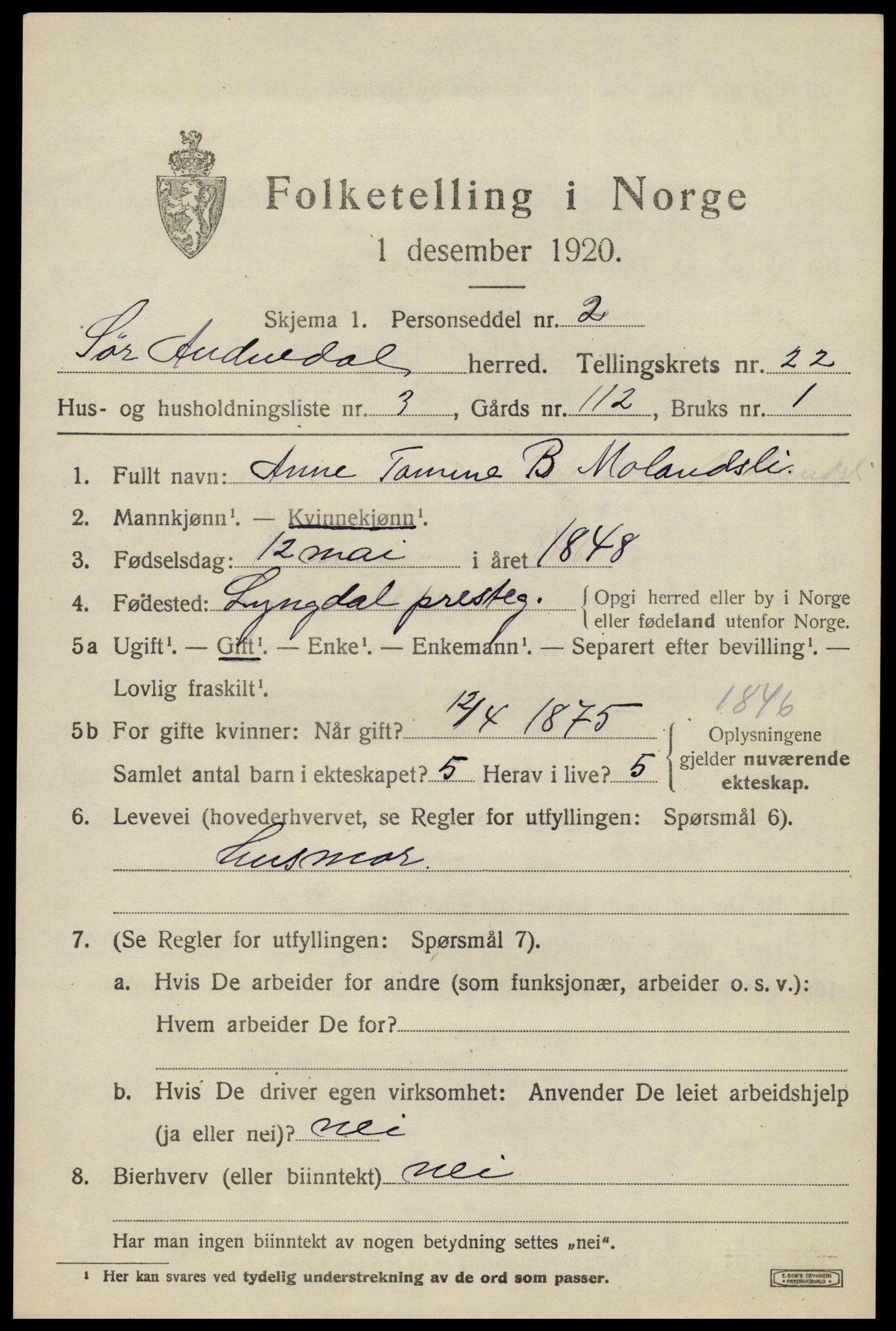 SAK, 1920 census for Sør-Audnedal, 1920, p. 7125