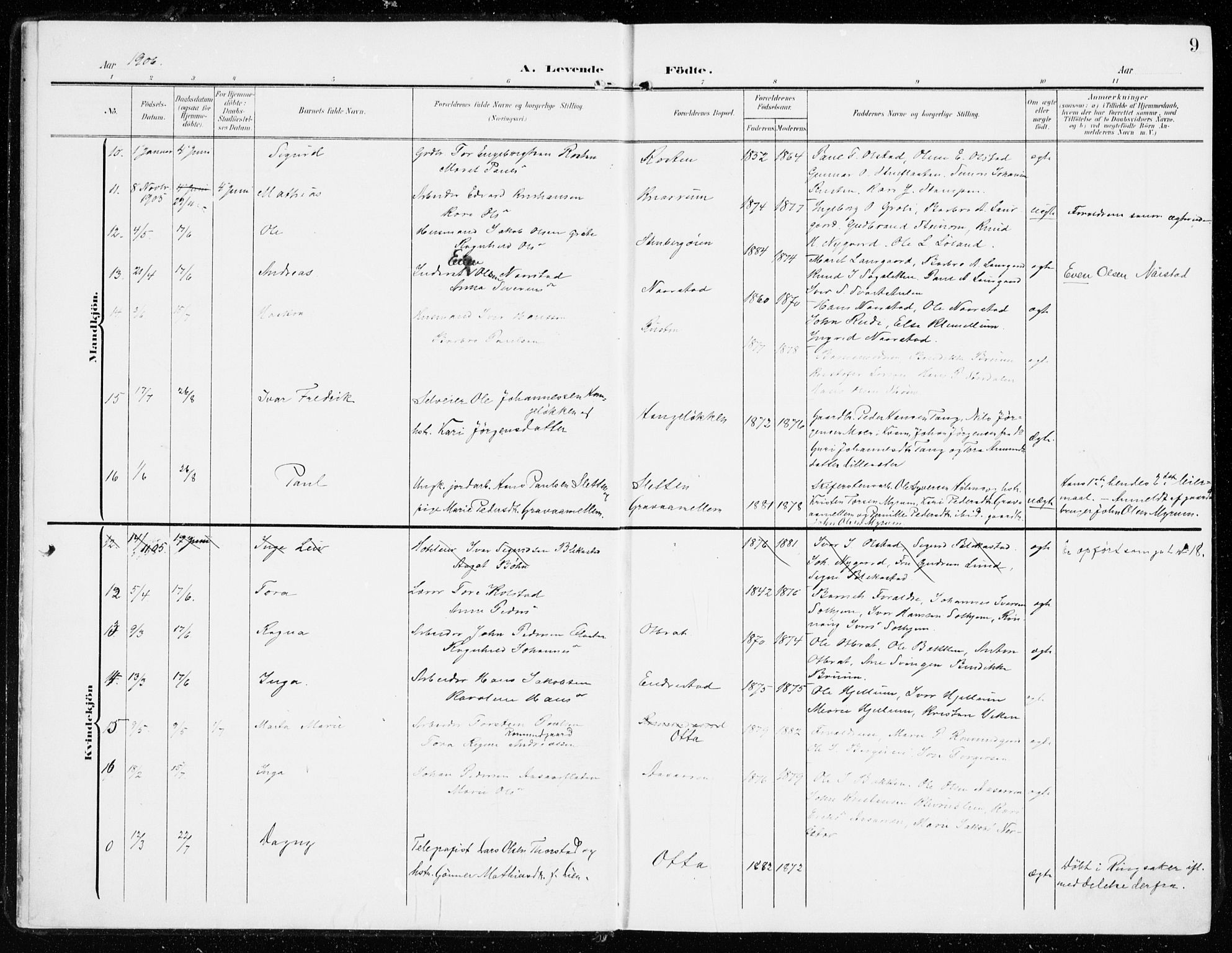 Sel prestekontor, SAH/PREST-074/H/Ha/Haa/L0002: Parish register (official) no. 2, 1905-1919, p. 9