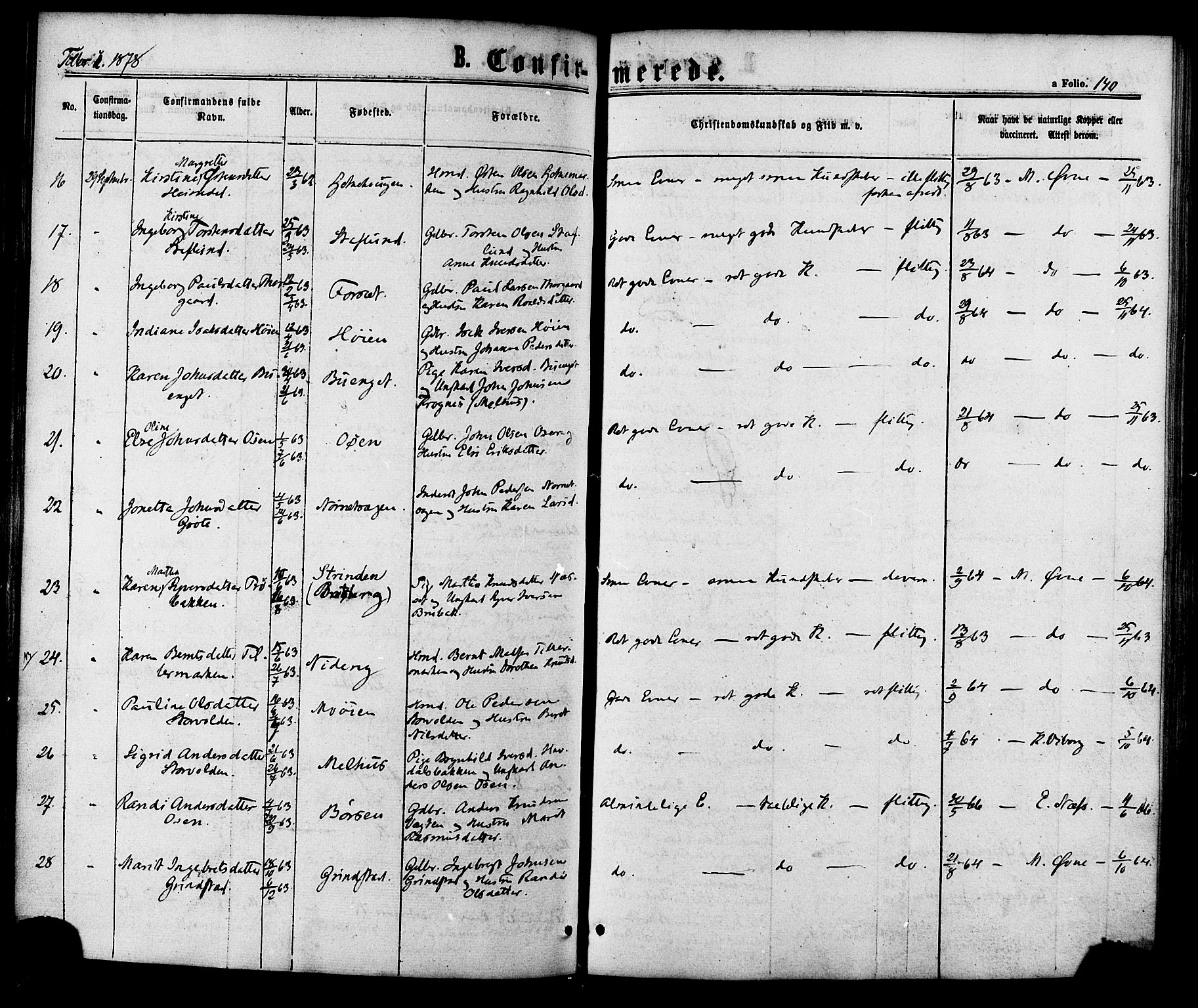 Ministerialprotokoller, klokkerbøker og fødselsregistre - Sør-Trøndelag, SAT/A-1456/618/L0442: Parish register (official) no. 618A06 /1, 1863-1879, p. 140