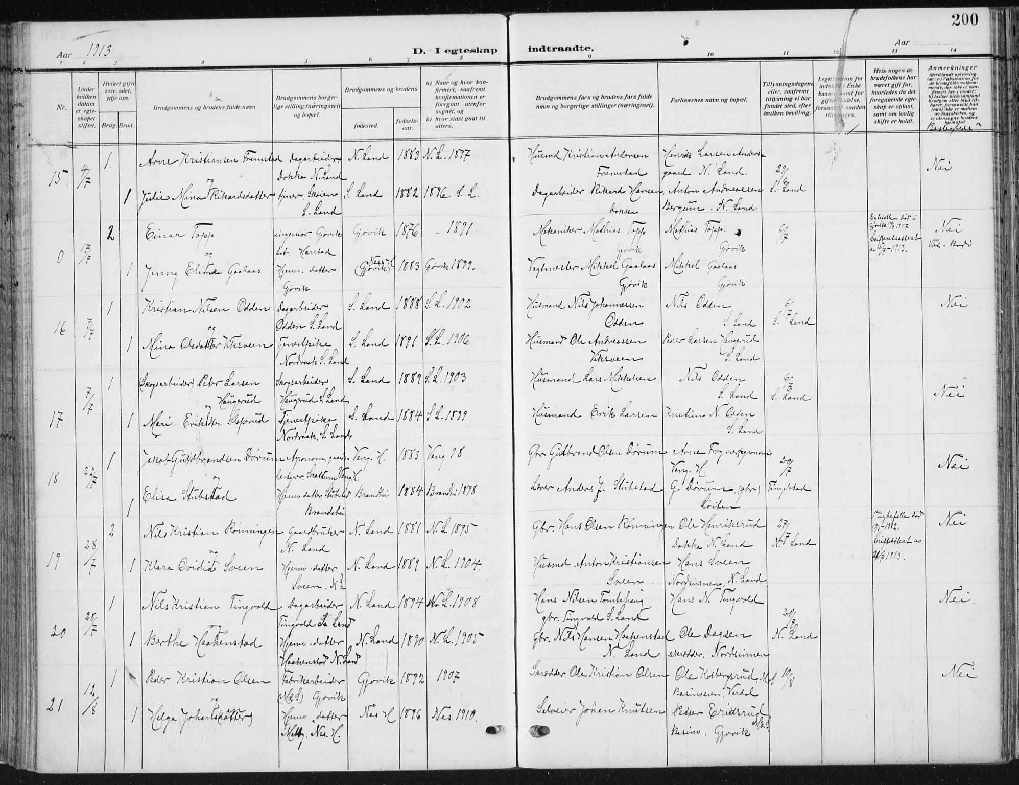 Vardal prestekontor, AV/SAH-PREST-100/H/Ha/Haa/L0014: Parish register (official) no. 14, 1912-1922, p. 200