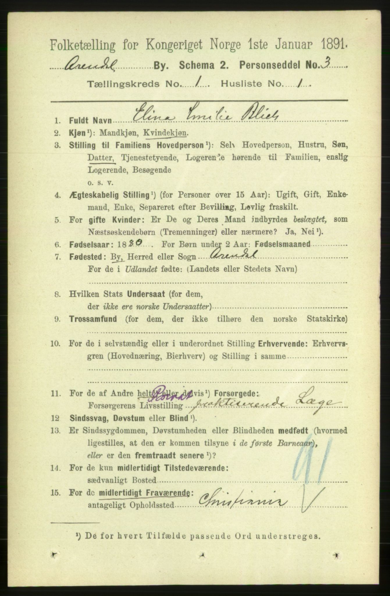 RA, 1891 census for 0903 Arendal, 1891, p. 929