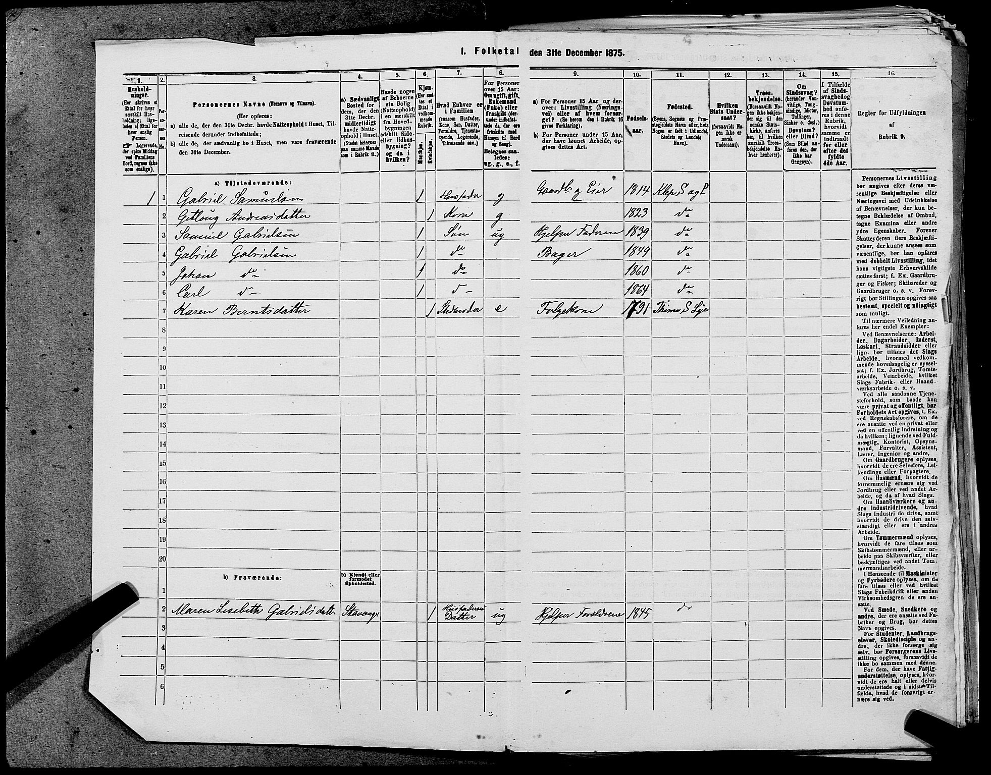 SAST, 1875 census for 1120P Klepp, 1875, p. 356