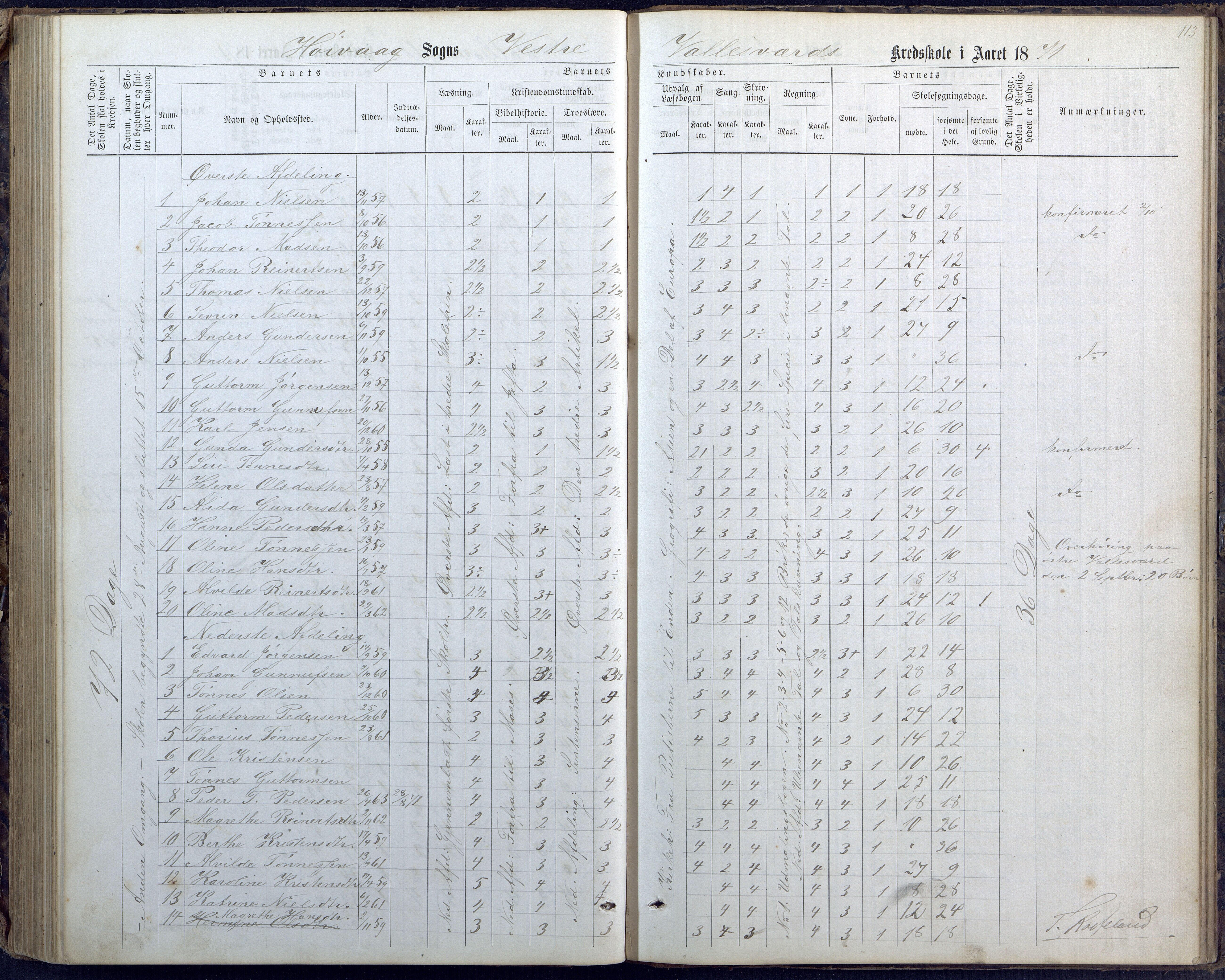 Høvåg kommune, AAKS/KA0927-PK/1/05/L0400: Eksamensprotokoll for Vallesverd skoledistrikt, 1863-1884, p. 113