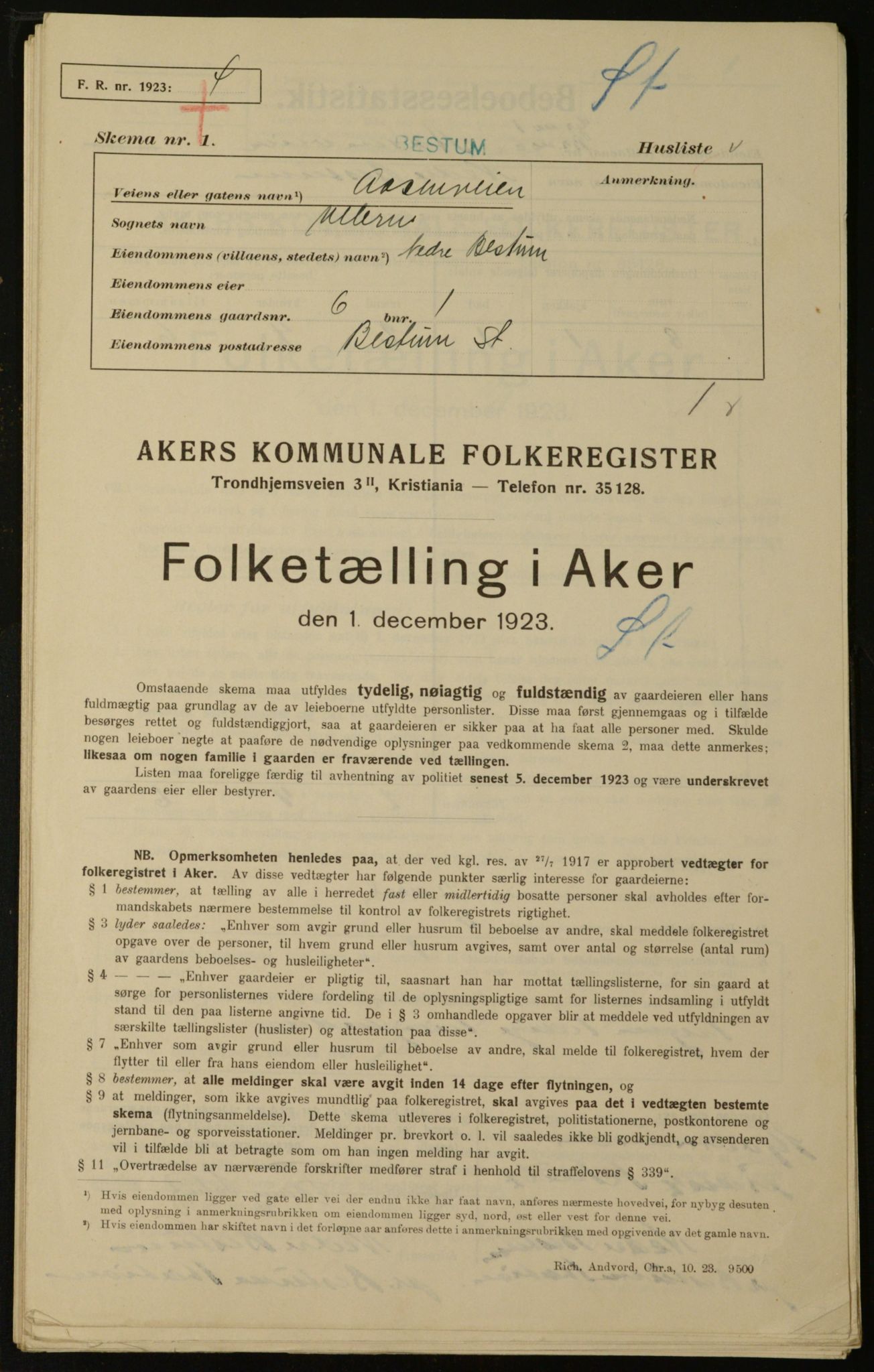 , Municipal Census 1923 for Aker, 1923, p. 24