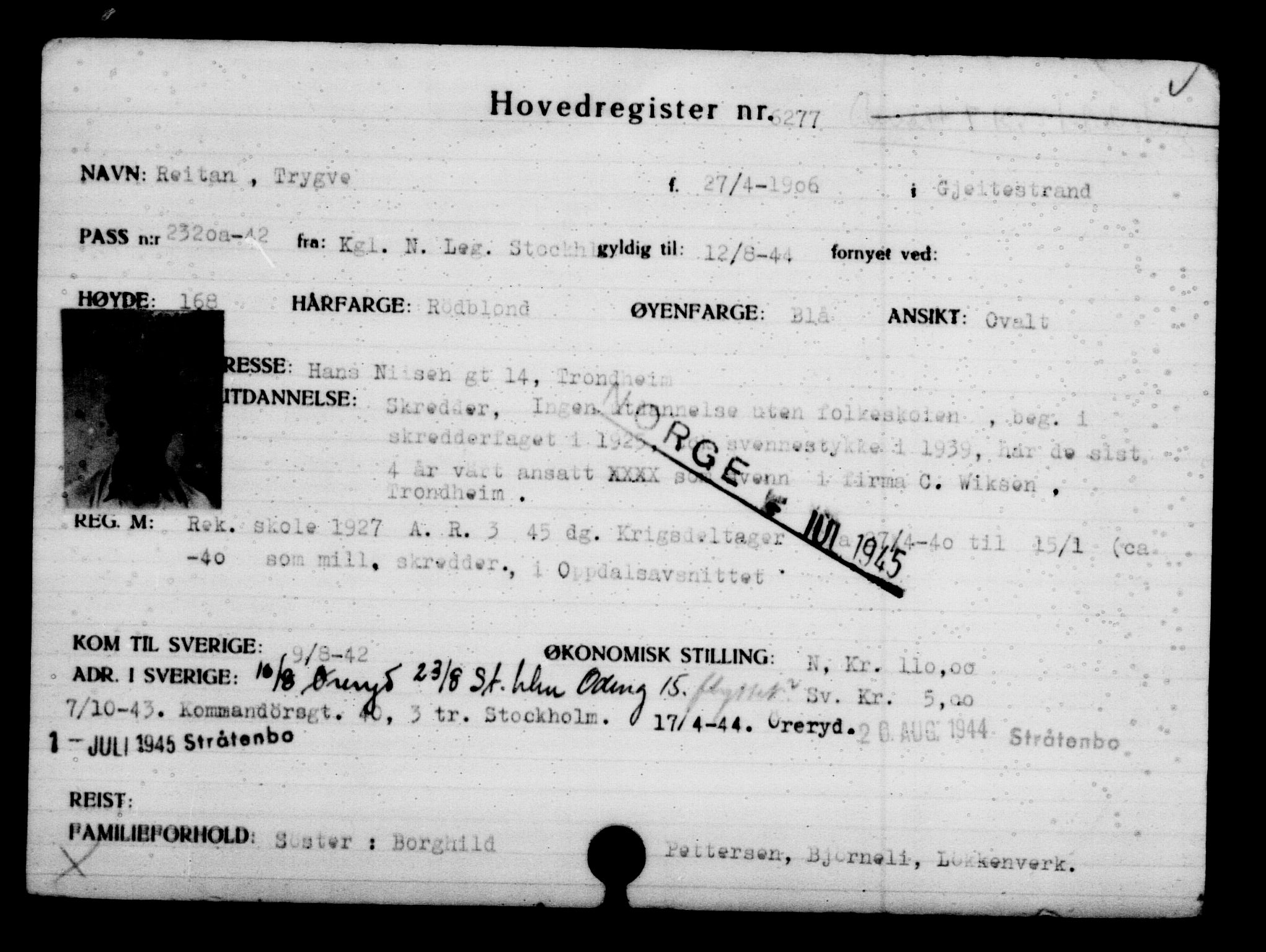 Utenriksstasjonene, Legasjonen i Stockholm, Flyktningkontoret, AV/RA-S-6753/V/Va/L0004: Kjesäterkartoteket, flyktninger med registreringsnr. 3496-6610, 1940-1945, p. 3275