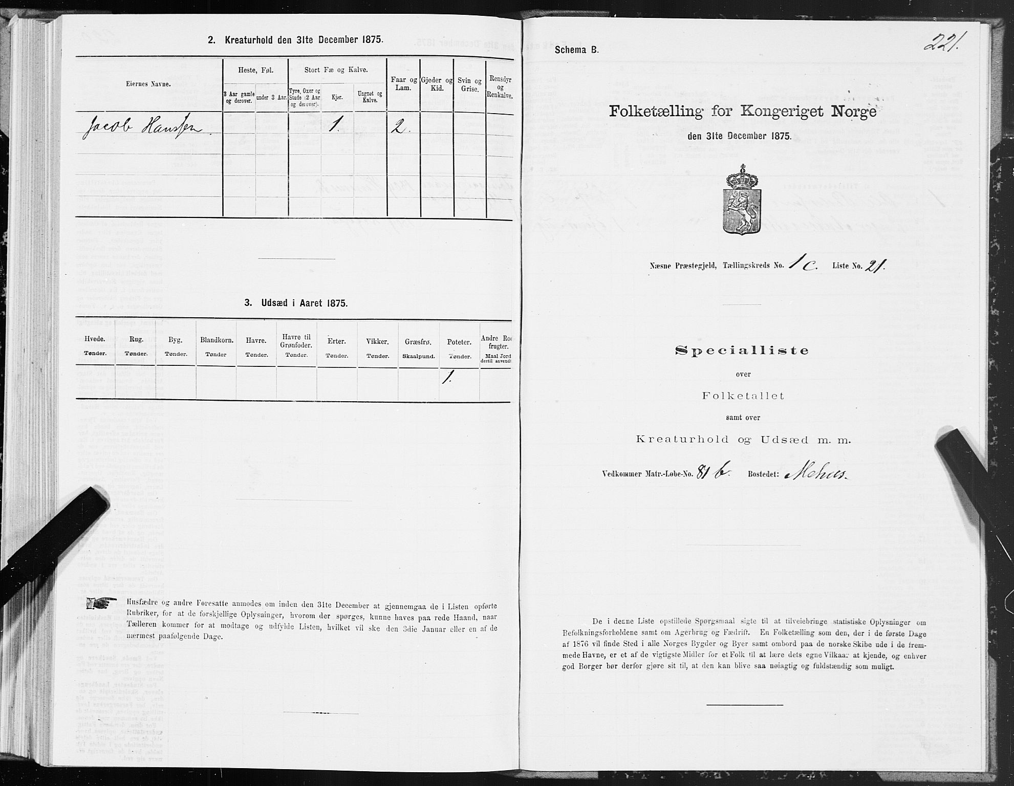 SAT, 1875 census for 1828P Nesna, 1875, p. 1221