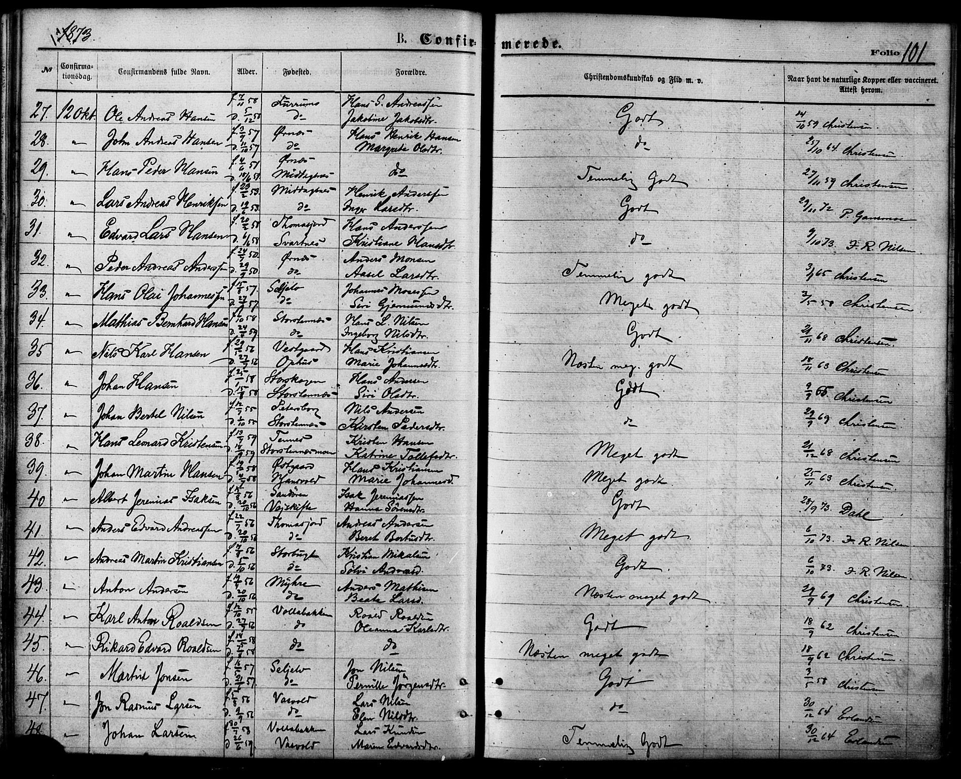 Balsfjord sokneprestembete, SATØ/S-1303/G/Ga/L0004kirke: Parish register (official) no. 4, 1871-1883, p. 101