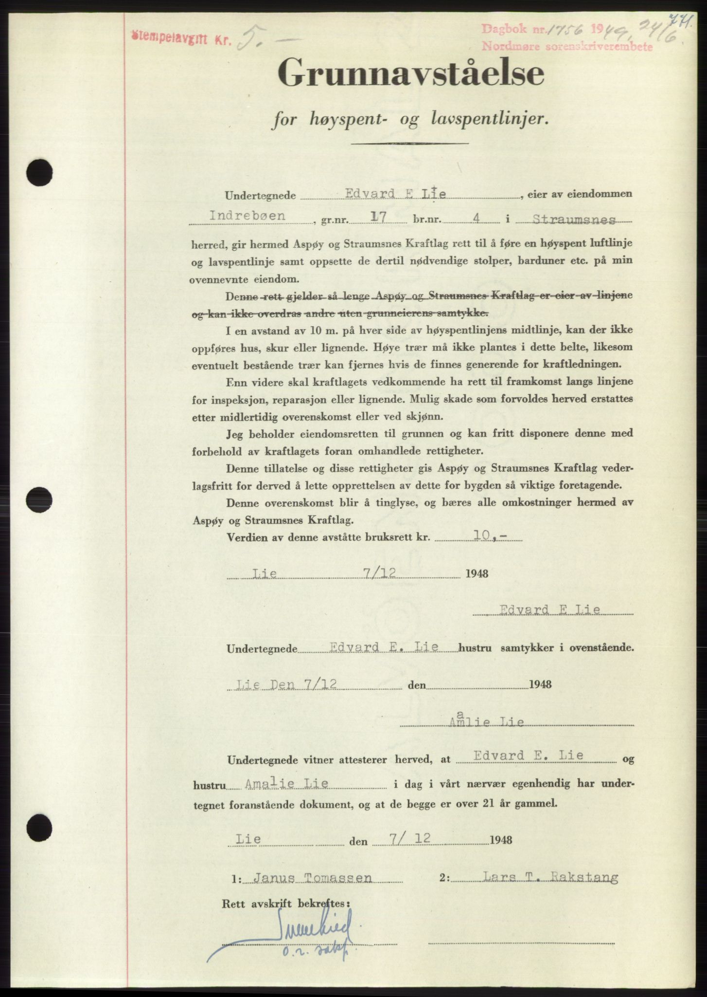 Nordmøre sorenskriveri, AV/SAT-A-4132/1/2/2Ca: Mortgage book no. B101, 1949-1949, Diary no: : 1756/1949