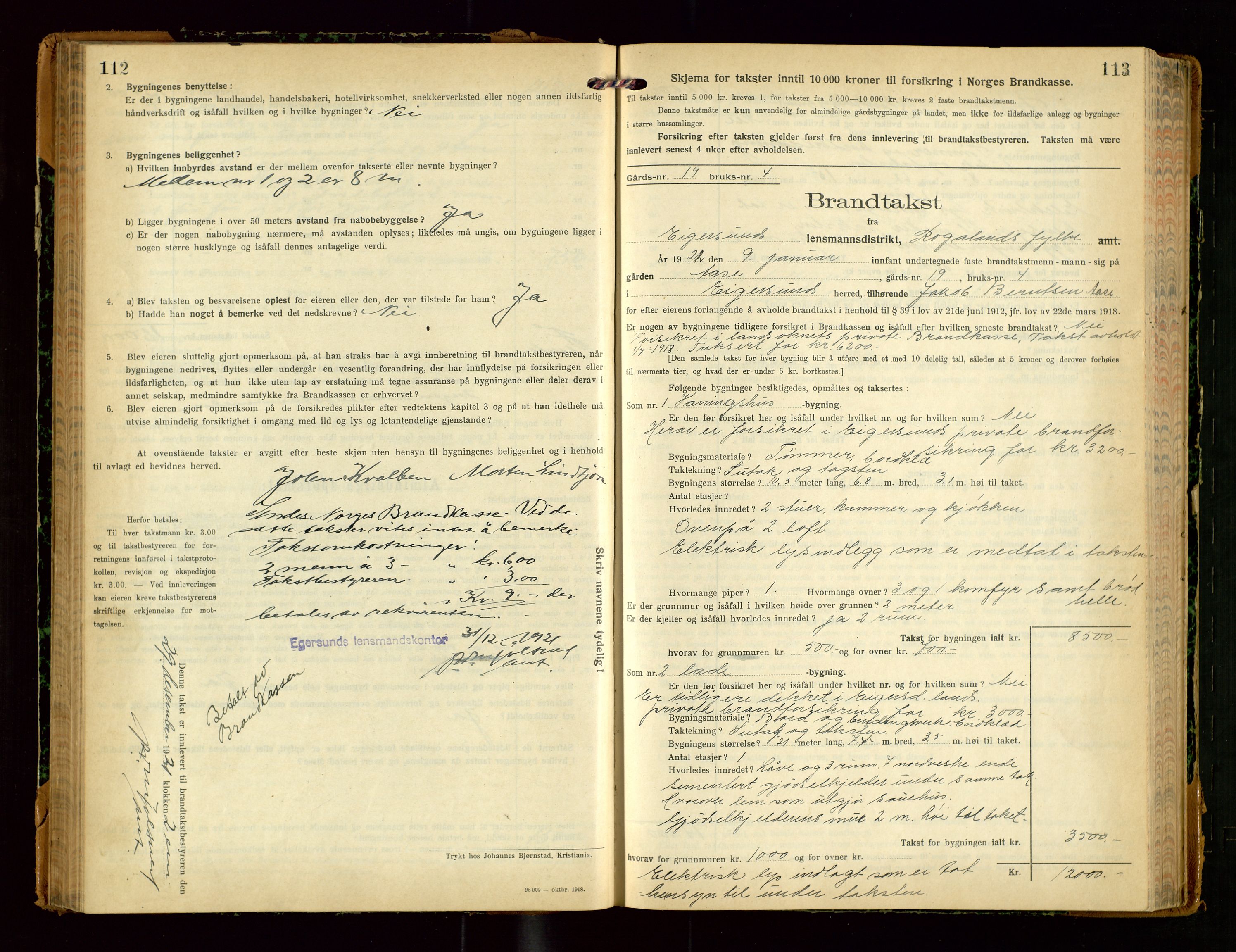 Eigersund lensmannskontor, AV/SAST-A-100171/Gob/L0004: "Branntakstprotokoll", 1921-1925, p. 112-113