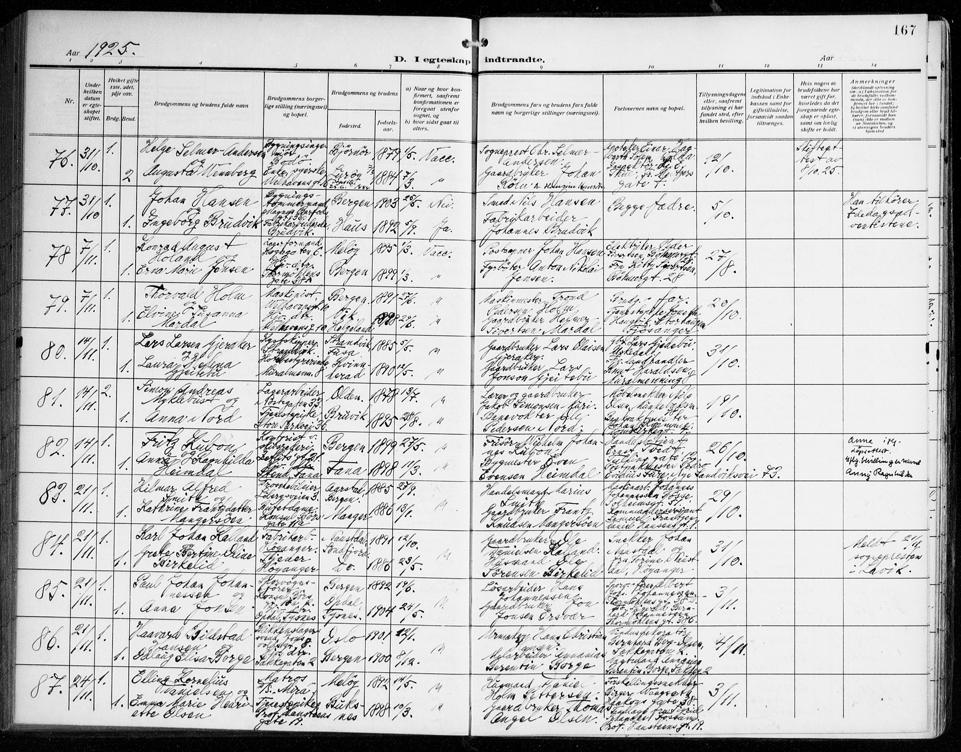Johanneskirken sokneprestembete, SAB/A-76001/H/Haa/L0013: Parish register (official) no. D 2, 1912-1929, p. 167