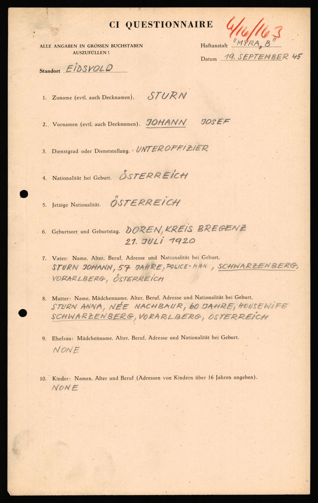 Forsvaret, Forsvarets overkommando II, AV/RA-RAFA-3915/D/Db/L0040: CI Questionaires. Tyske okkupasjonsstyrker i Norge. Østerrikere., 1945-1946, p. 251