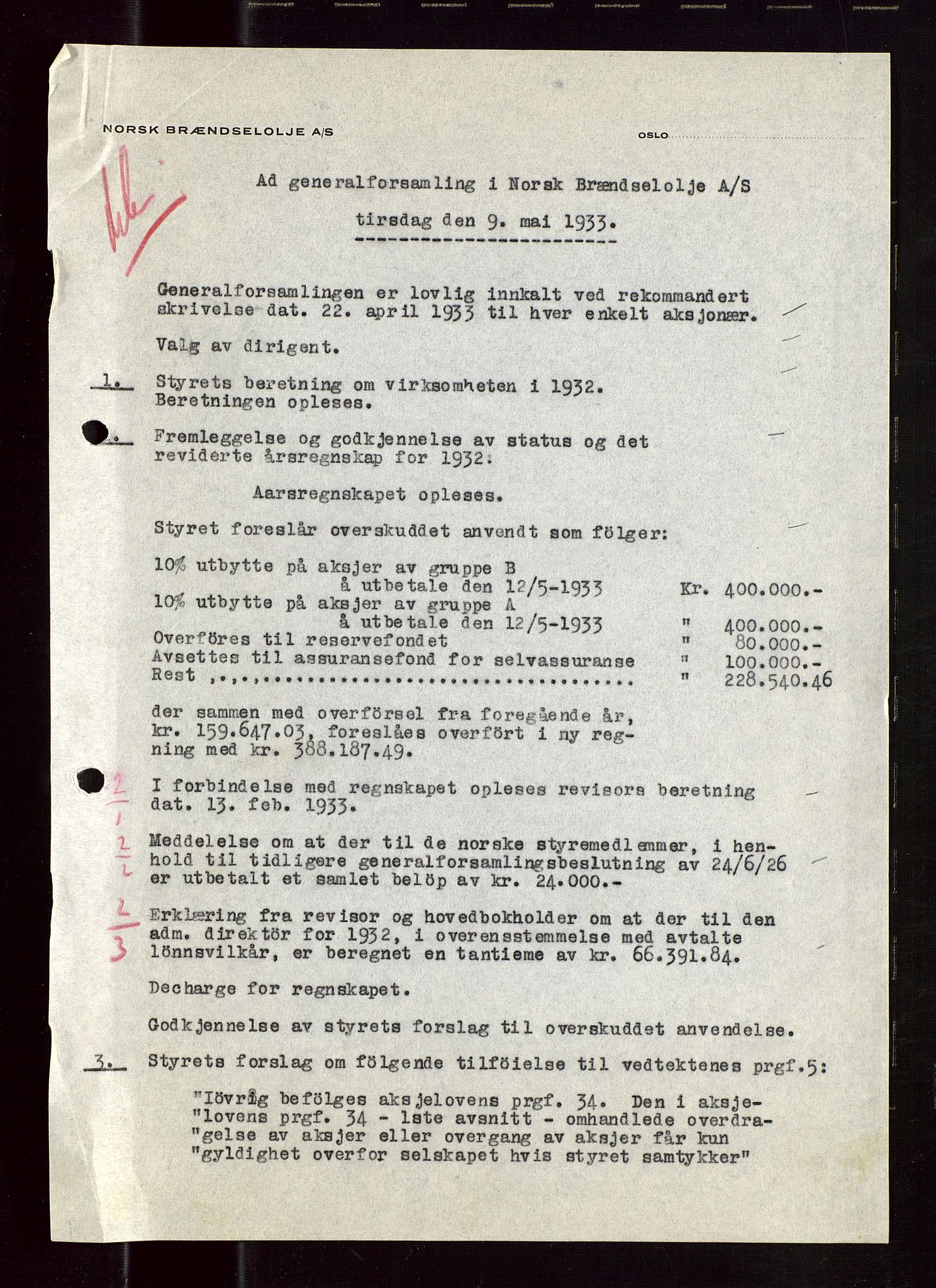 PA 1544 - Norsk Brændselolje A/S, SAST/A-101965/1/A/Aa/L0002/0002: Generalforsamling  / Generalforsamling 1933, 1934, 1933-1934, p. 5