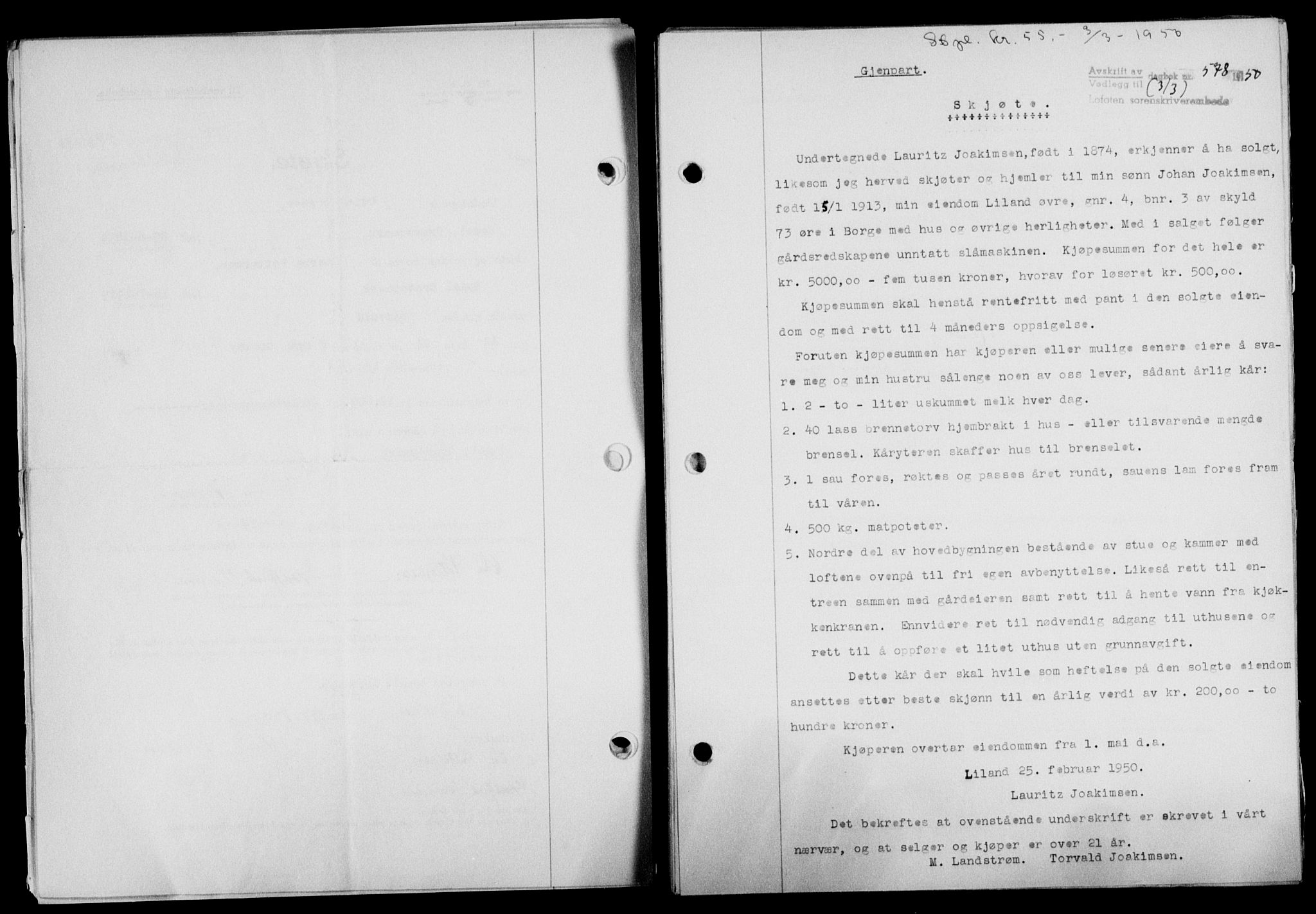 Lofoten sorenskriveri, SAT/A-0017/1/2/2C/L0023a: Mortgage book no. 23a, 1950-1950, Diary no: : 578/1950