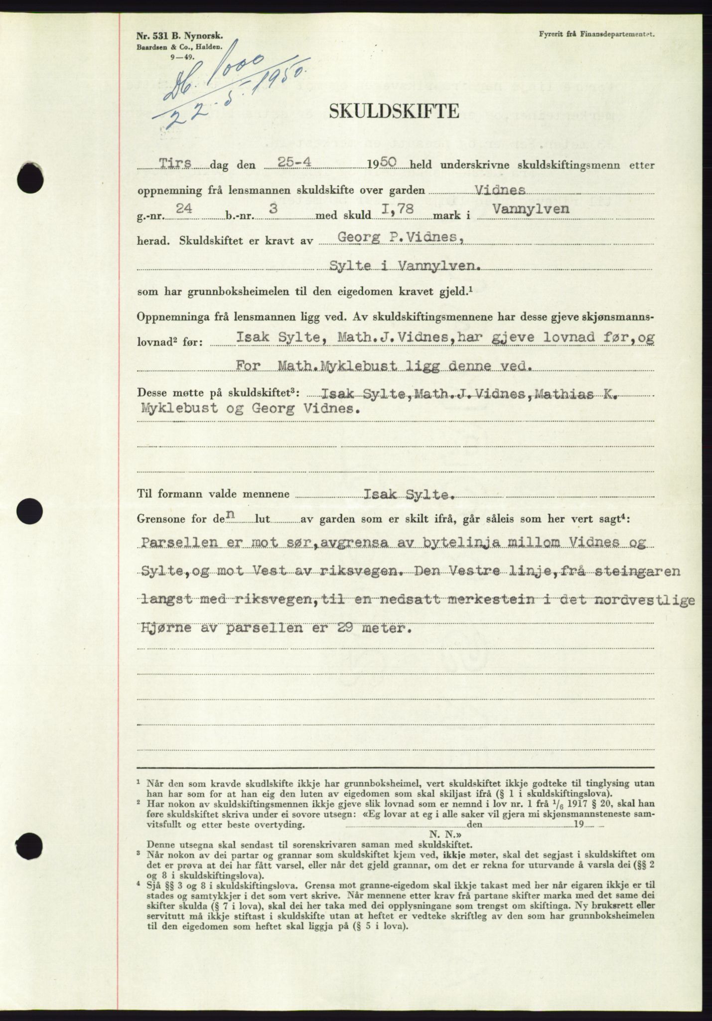 Søre Sunnmøre sorenskriveri, AV/SAT-A-4122/1/2/2C/L0087: Mortgage book no. 13A, 1950-1950, Diary no: : 1000/1950