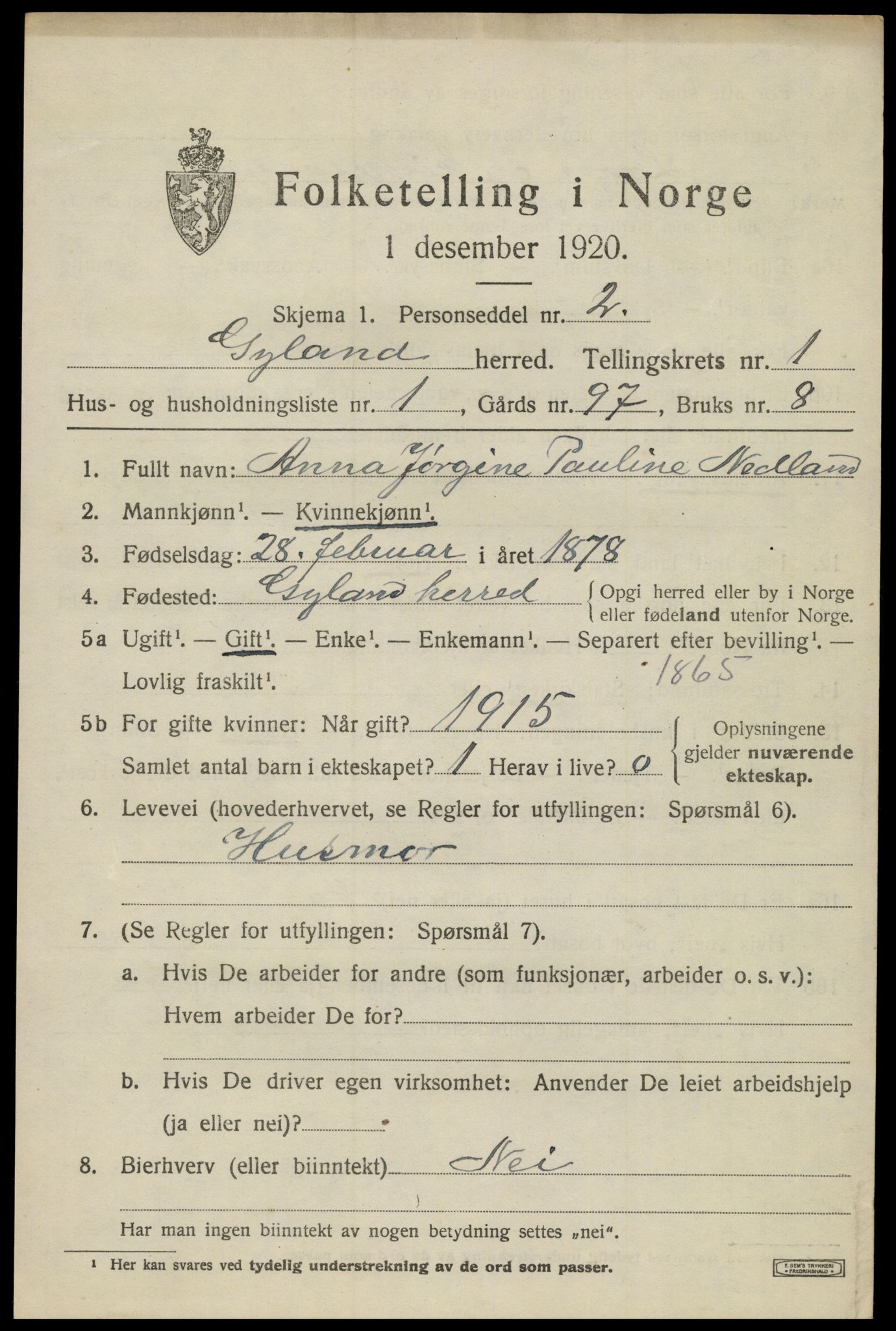 SAK, 1920 census for Gyland, 1920, p. 454