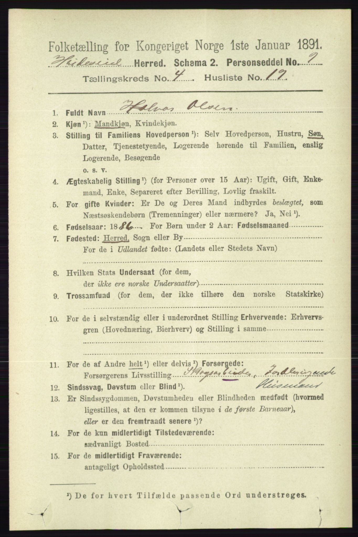 RA, 1891 census for 0829 Kviteseid, 1891, p. 852