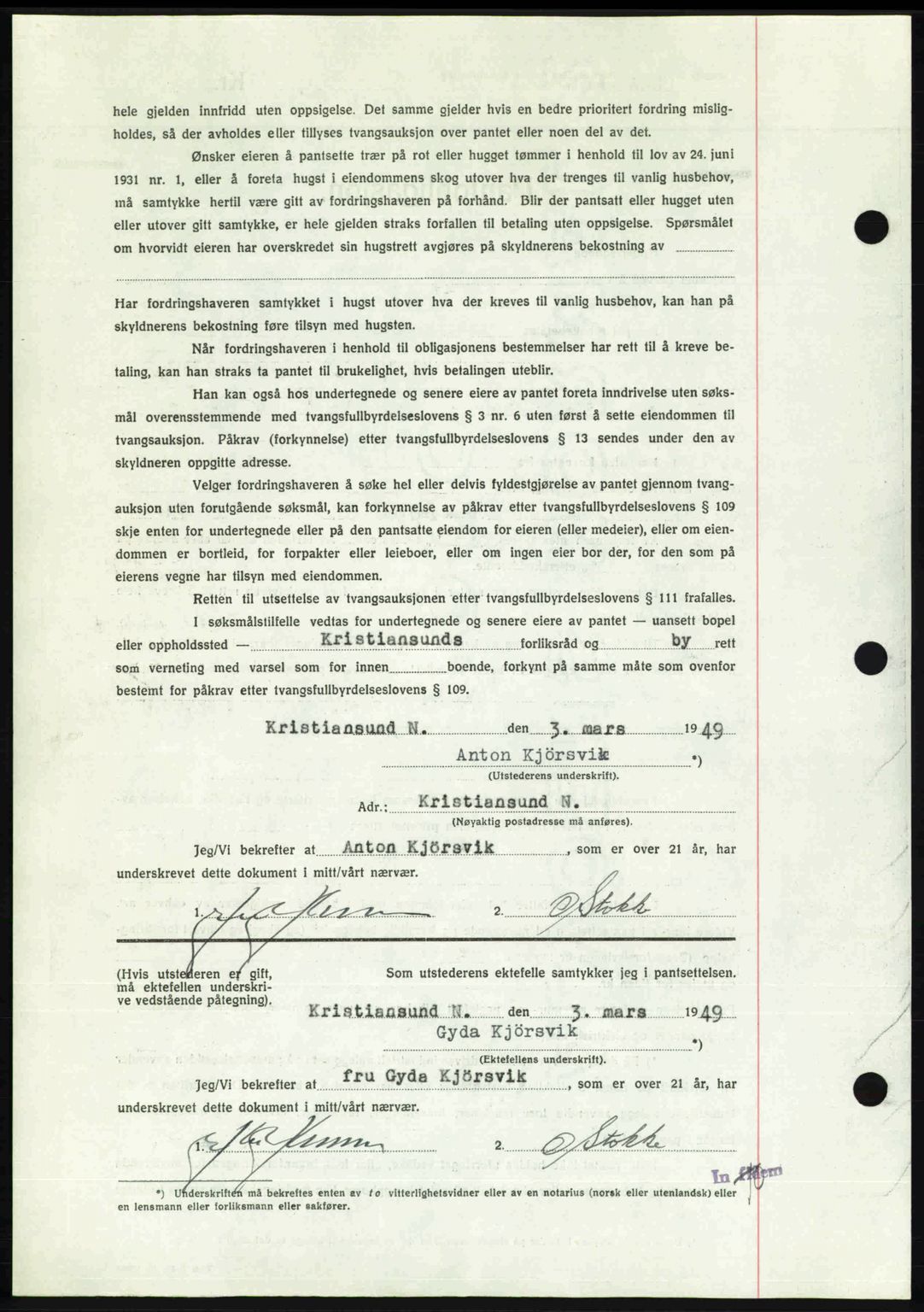 Kristiansund byfogd, AV/SAT-A-4587/A/27: Mortgage book no. 45, 1948-1949, Diary no: : 411/1949