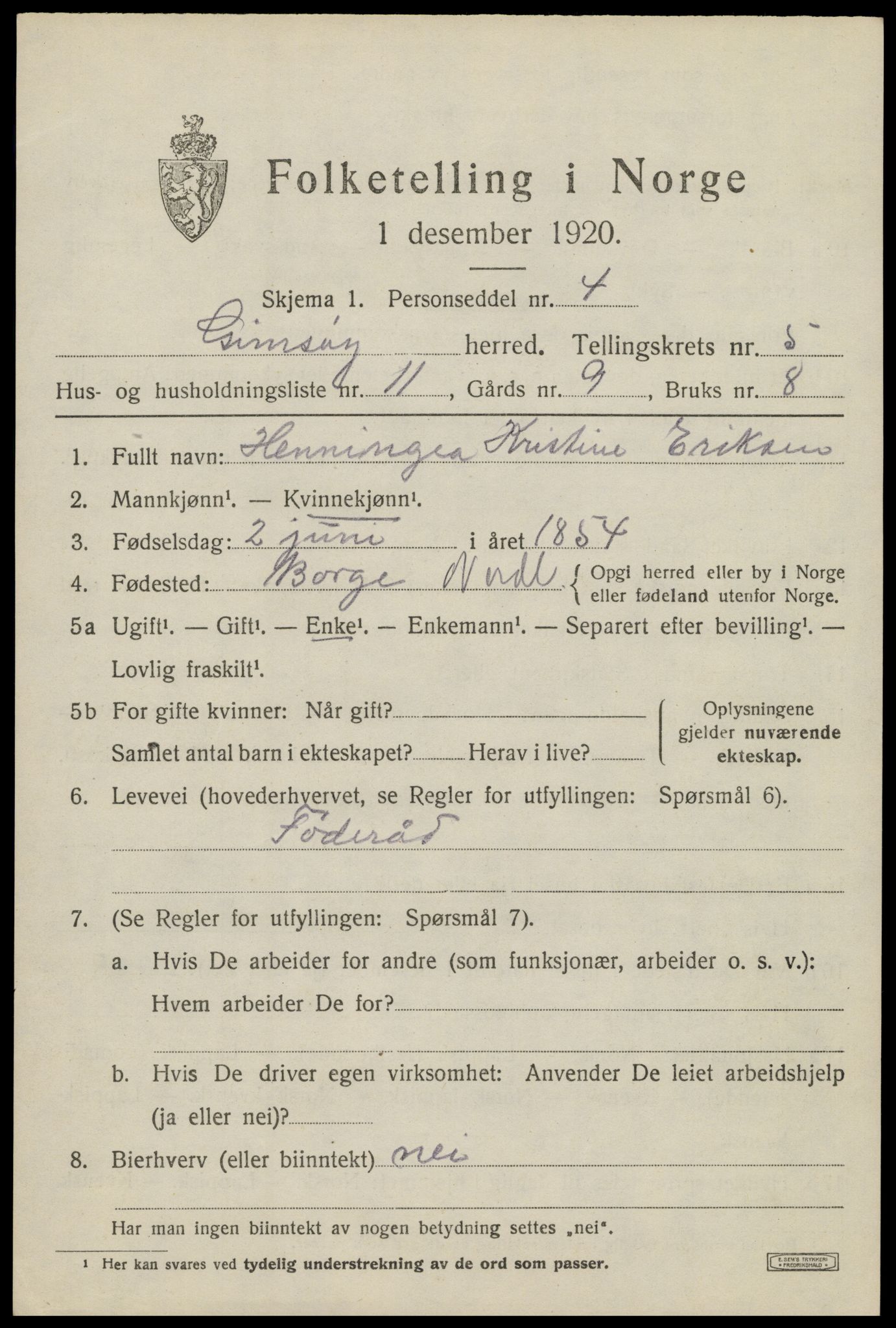 SAT, 1920 census for Gimsøy, 1920, p. 2673