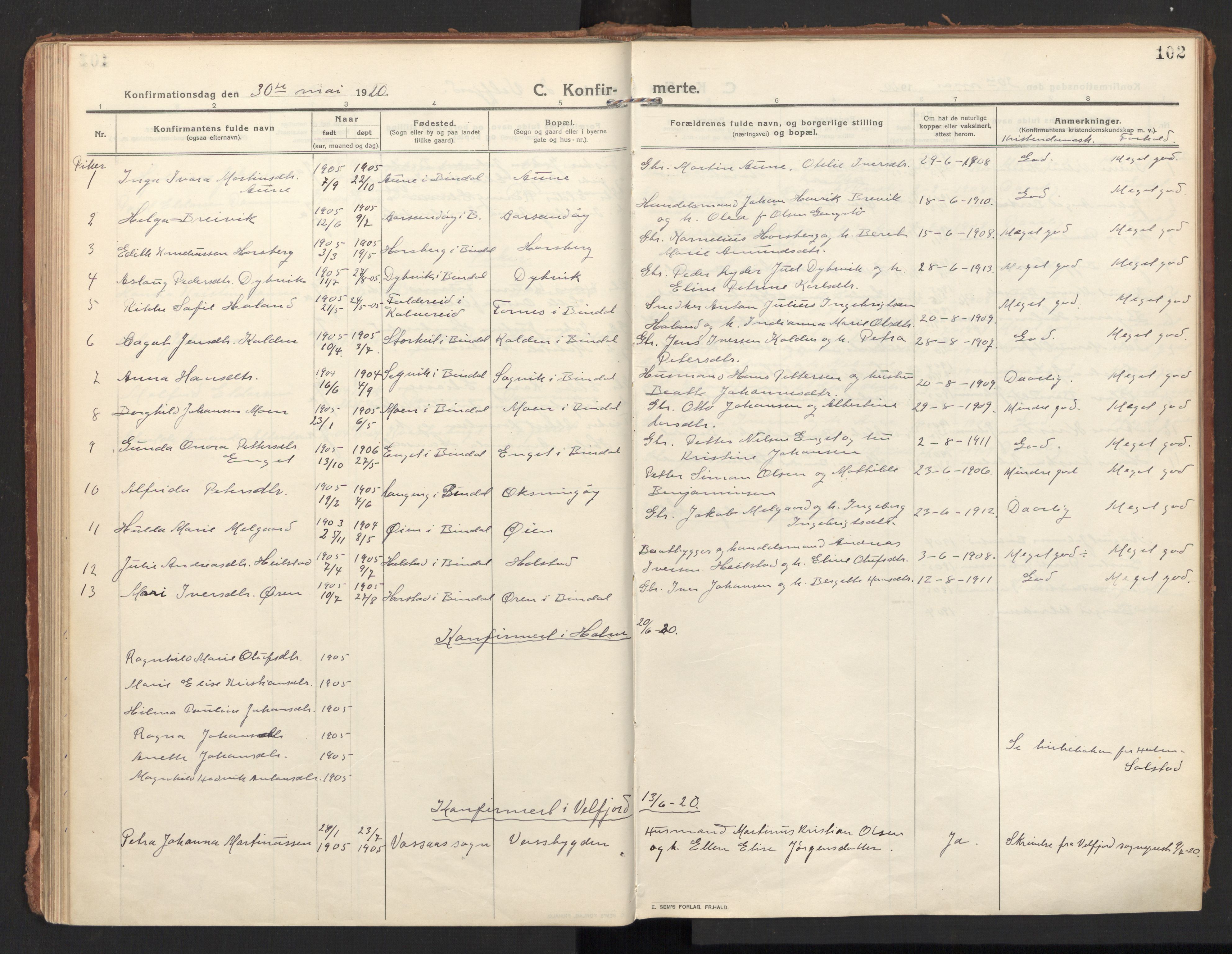 Ministerialprotokoller, klokkerbøker og fødselsregistre - Nordland, AV/SAT-A-1459/810/L0156: Parish register (official) no. 810A15, 1915-1930, p. 102