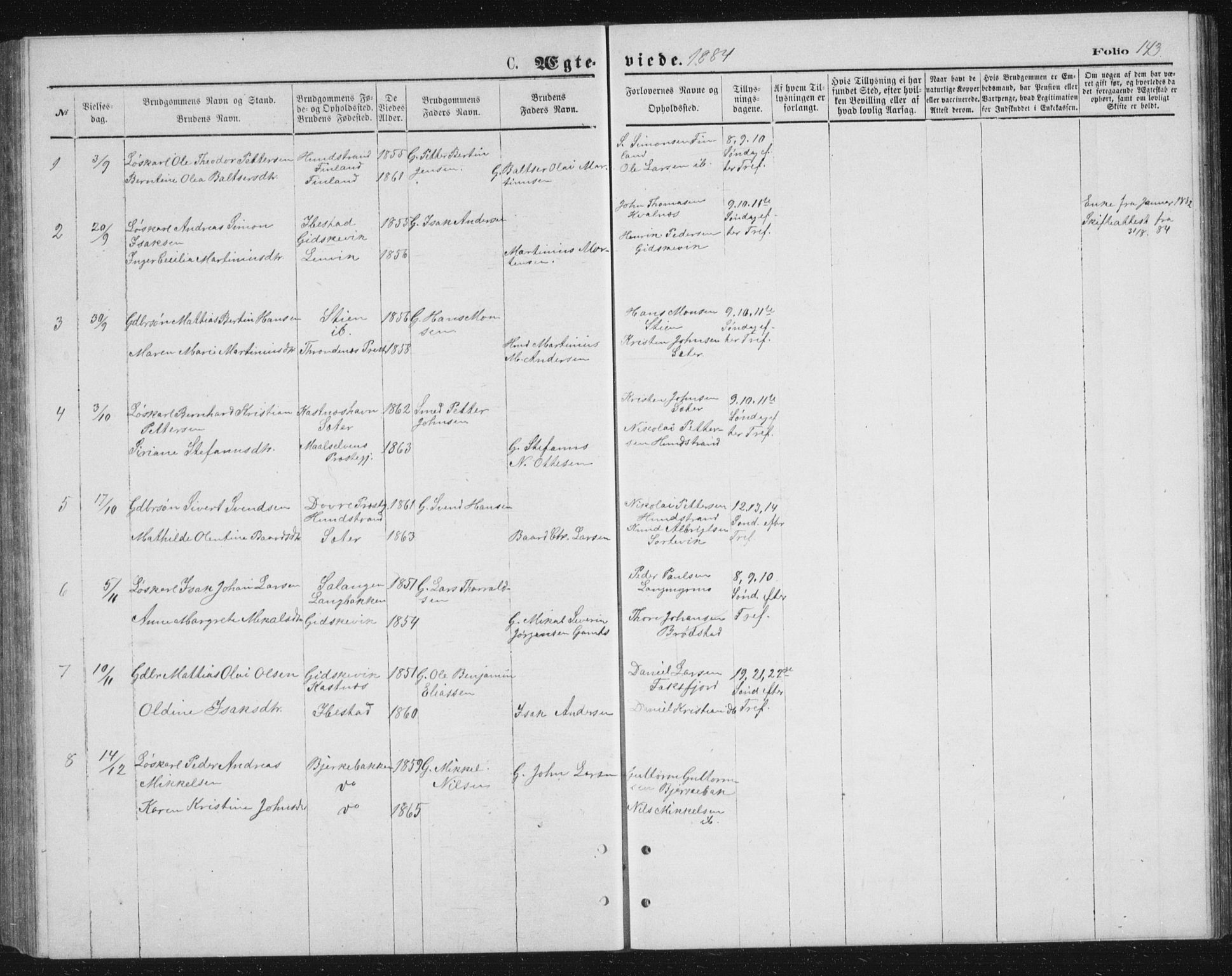 Tranøy sokneprestkontor, SATØ/S-1313/I/Ia/Iab/L0013klokker: Parish register (copy) no. 13, 1874-1896, p. 143