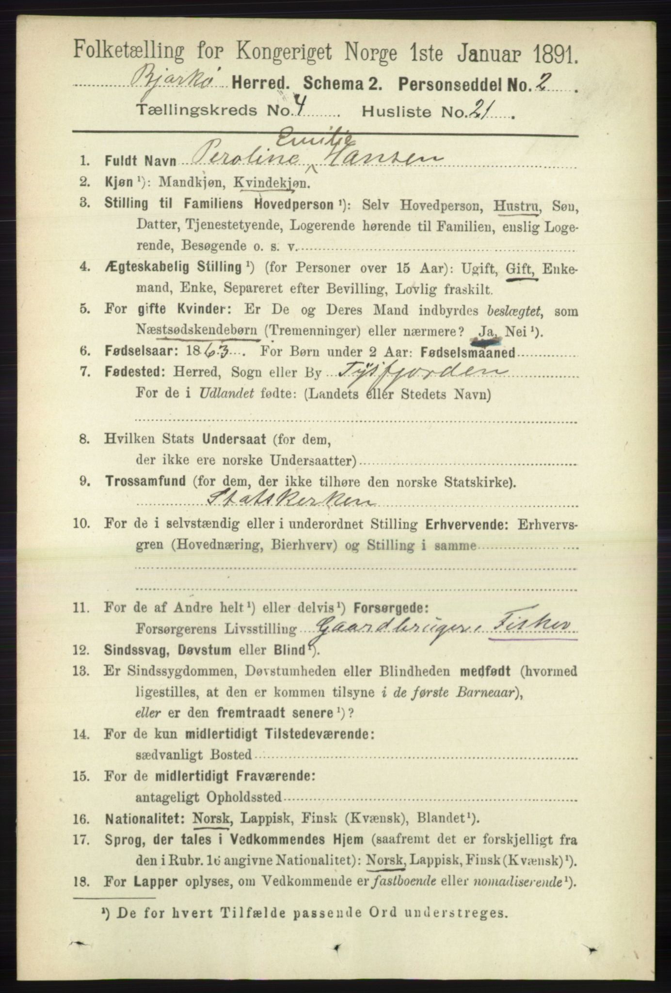RA, 1891 census for 1915 Bjarkøy, 1891, p. 2037