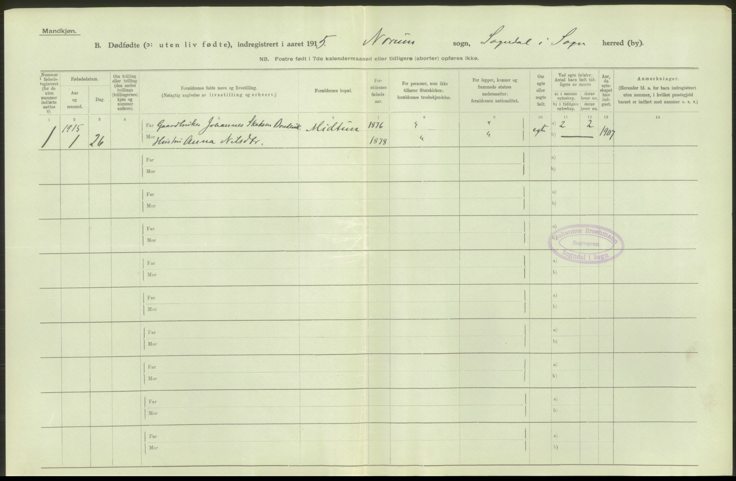 Statistisk sentralbyrå, Sosiodemografiske emner, Befolkning, AV/RA-S-2228/D/Df/Dfb/Dfbe/L0036: N. Bergenhus amt: Døde, dødfødte. Bygder., 1915, p. 20